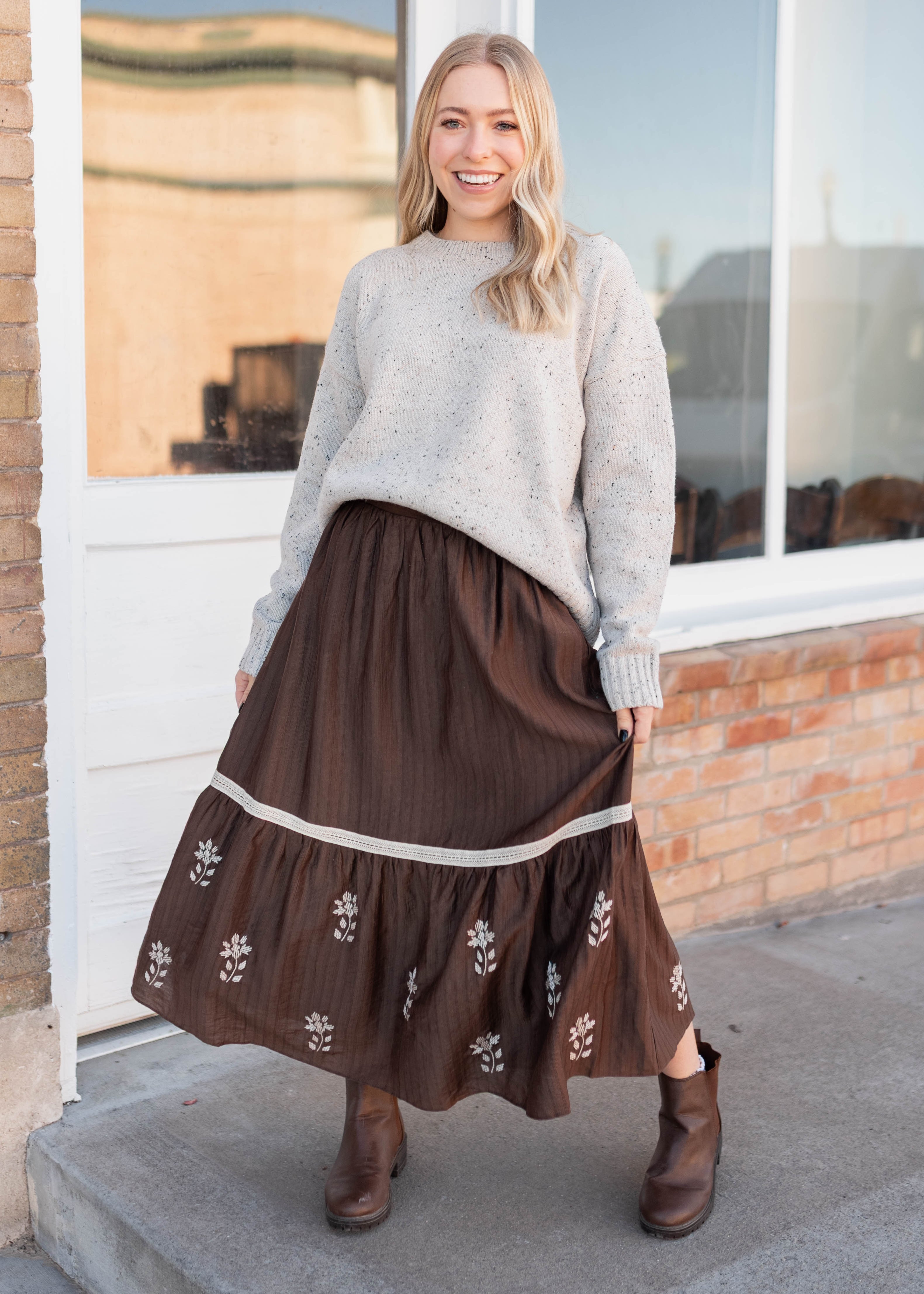 Aurora Brown Floral Embroidered Skirt