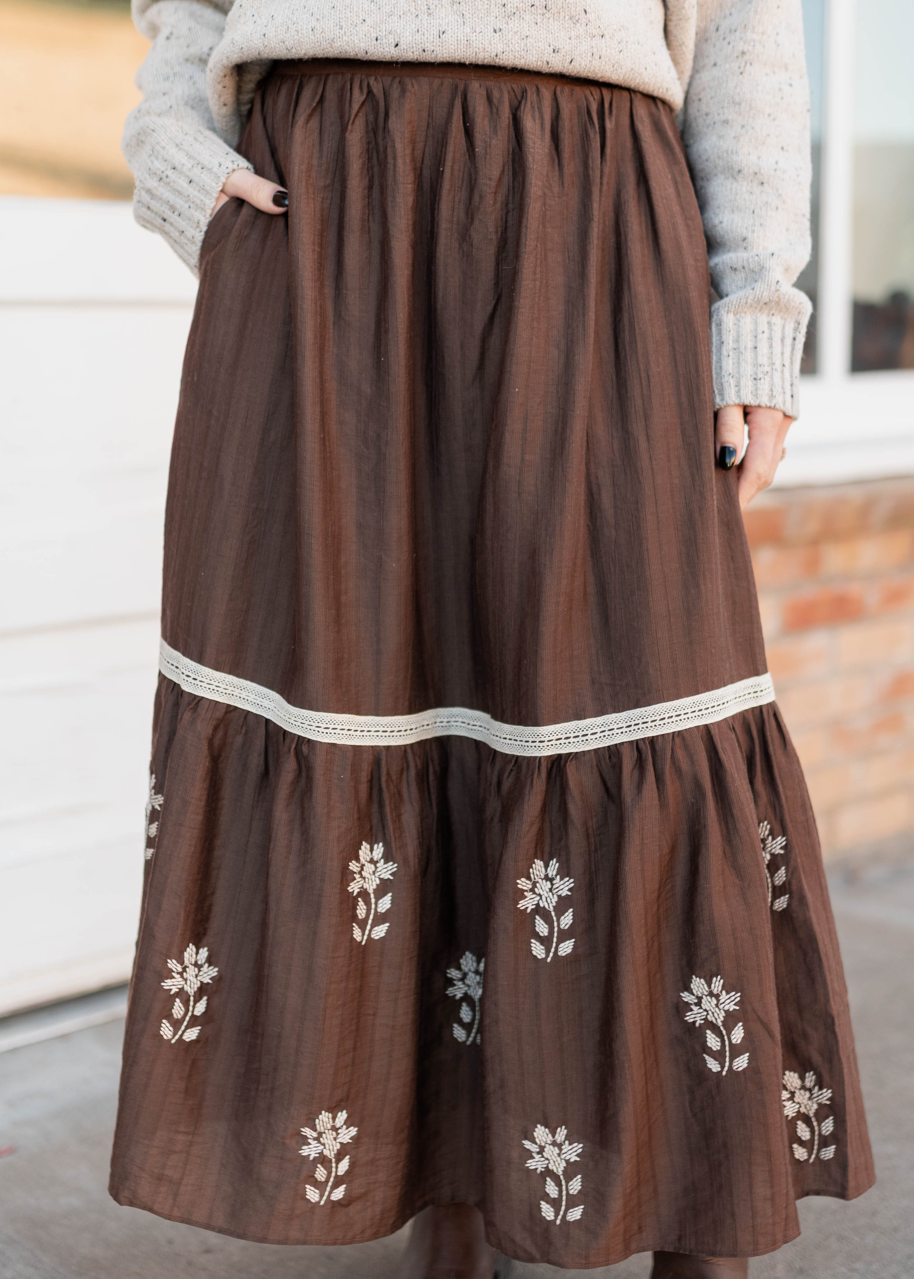 Aurora Brown Floral Embroidered Skirt