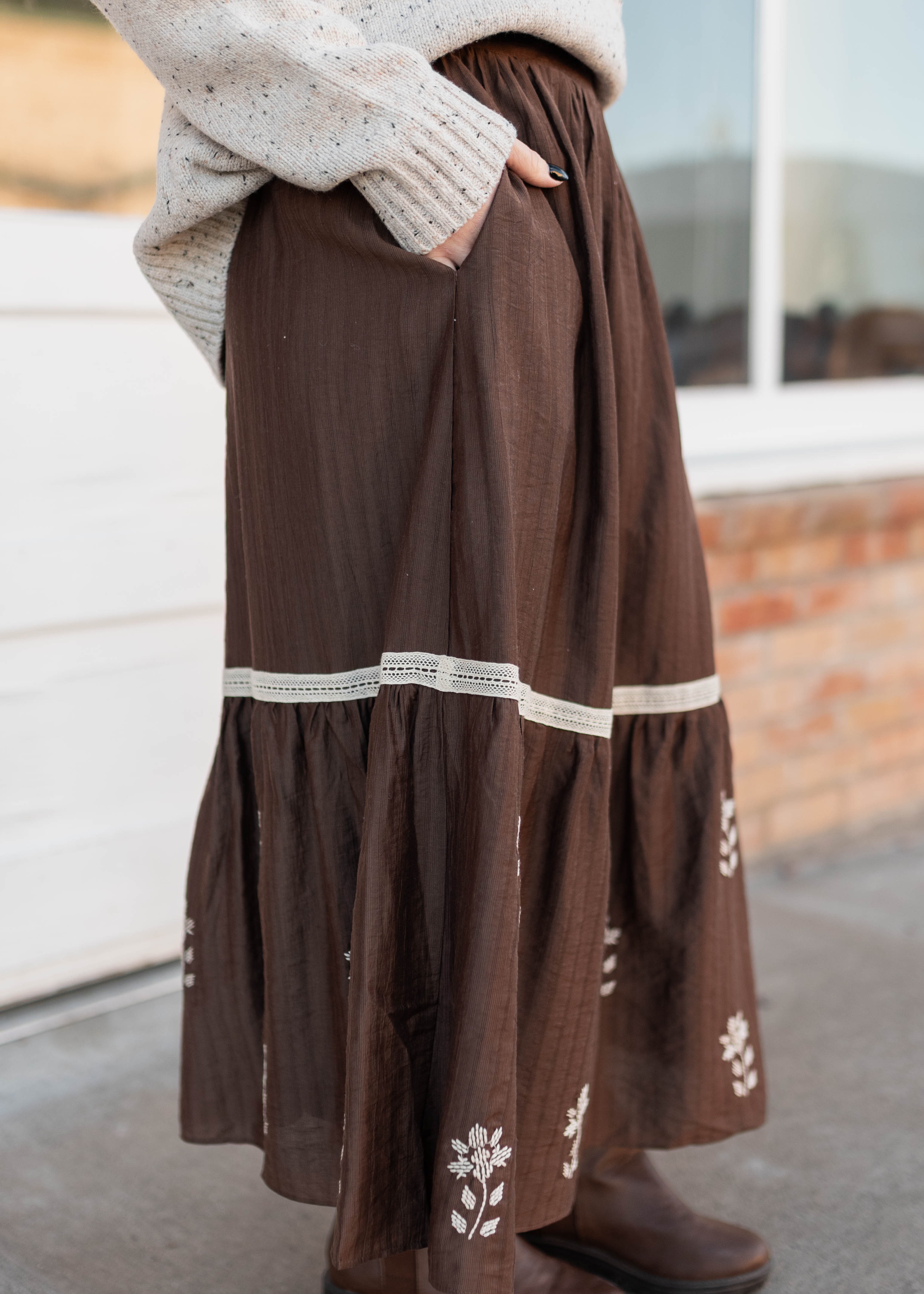 Aurora Brown Floral Embroidered Skirt