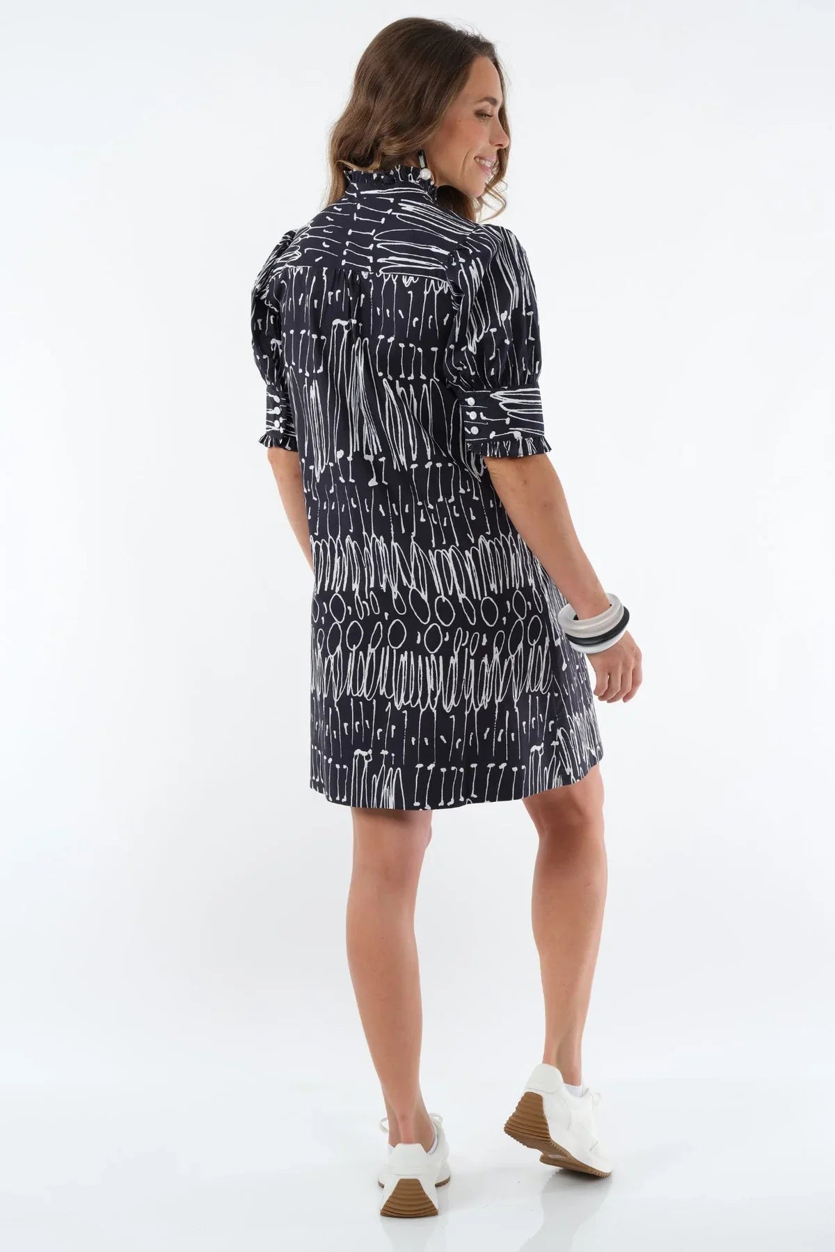 Dai Black & White Scribble Ruffle-Neck Dress