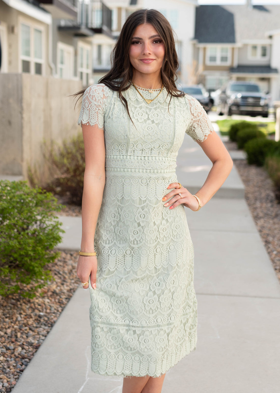 Evangeline Light Sage Lace Dress