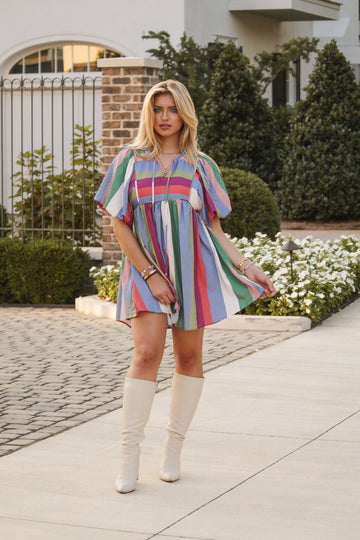 Apple Orchard Multi Stripe Babydoll Short Sleeve Dress