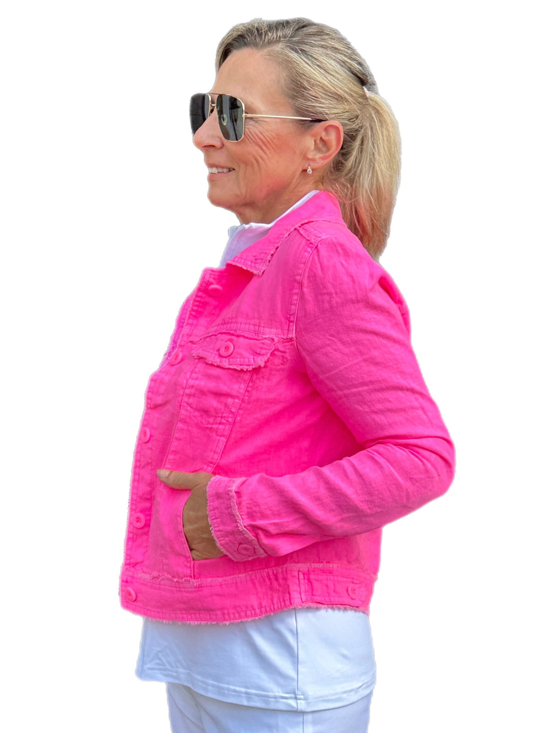 Long-Sleeve Linen Jacket Bright Hot Pink