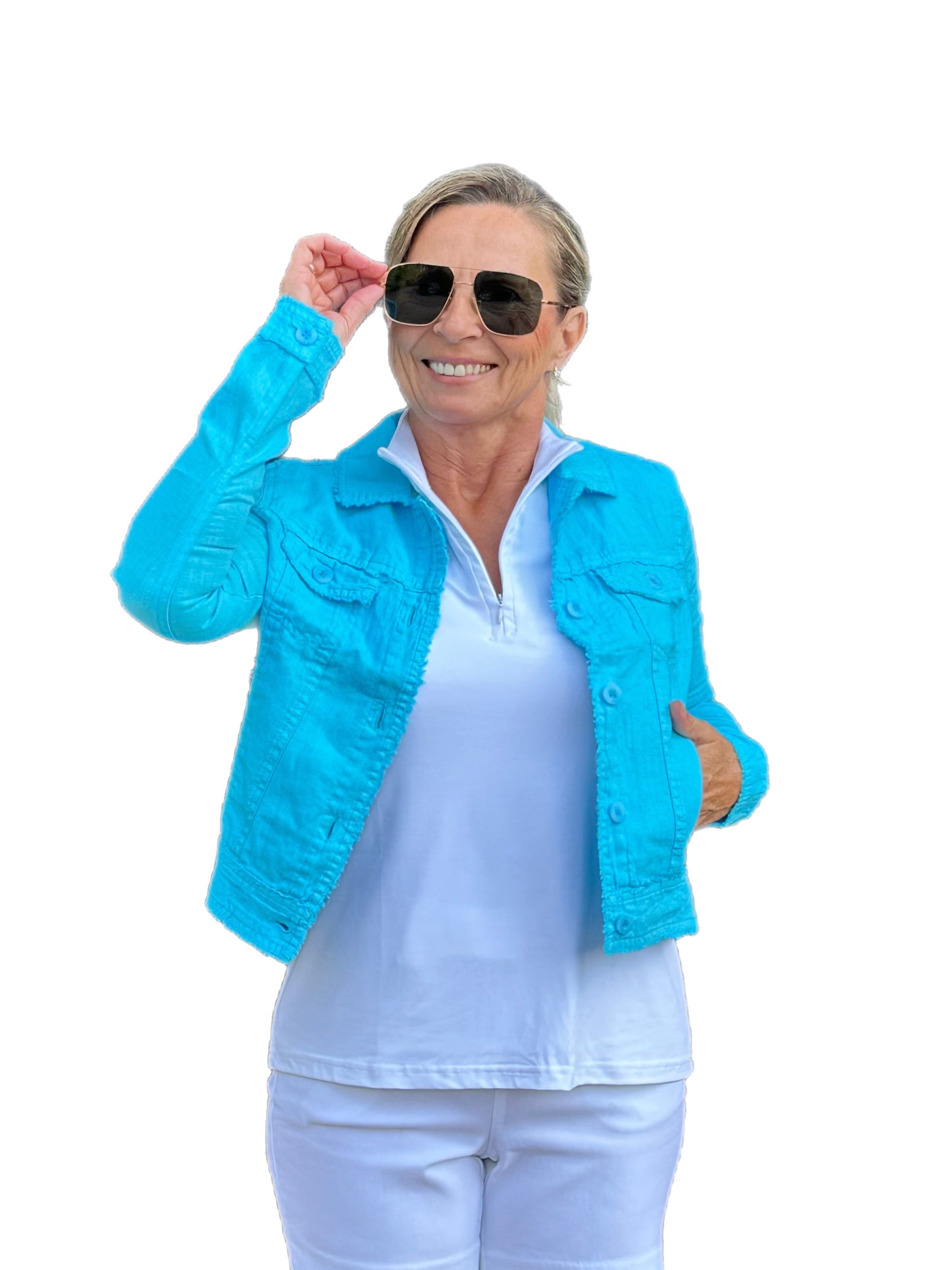 Long-Sleeve Linen Jacket Clear Turquoise
