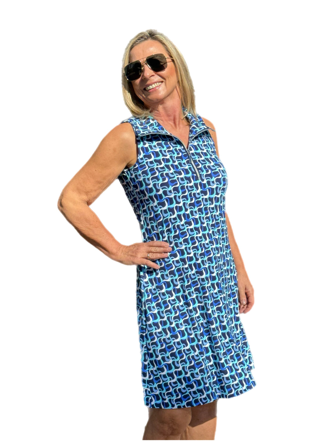 Zipper Swing Dress with UPF50+ Navy Waves