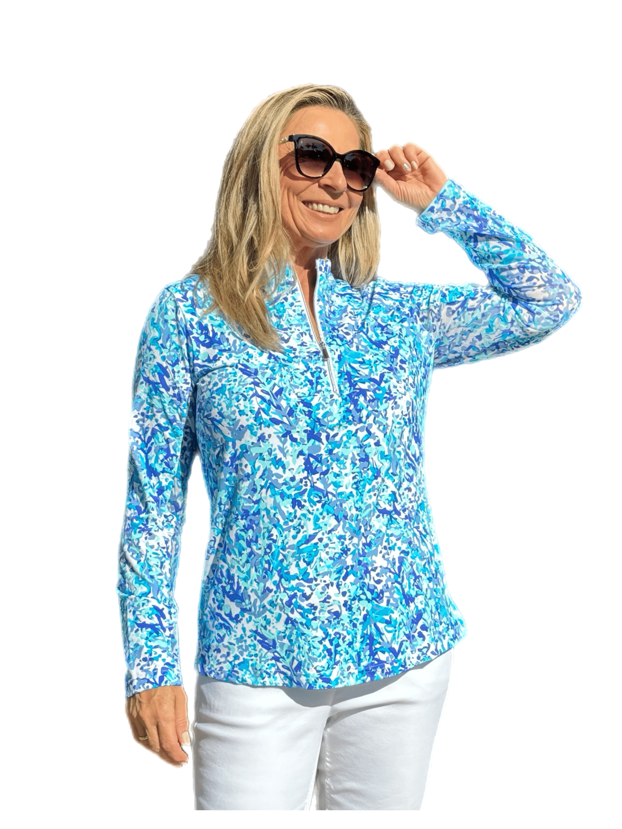 High Zip-Neck Long Sleeve Top with UPF50+ Abstract Blues