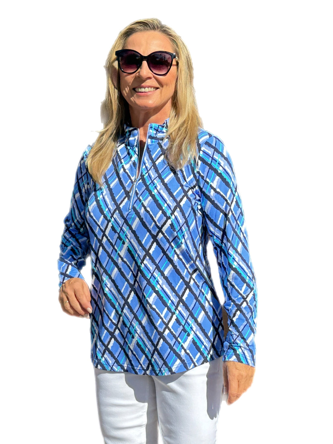 High Zip-Neck Long Sleeve Top with UPF50+ Peri Check