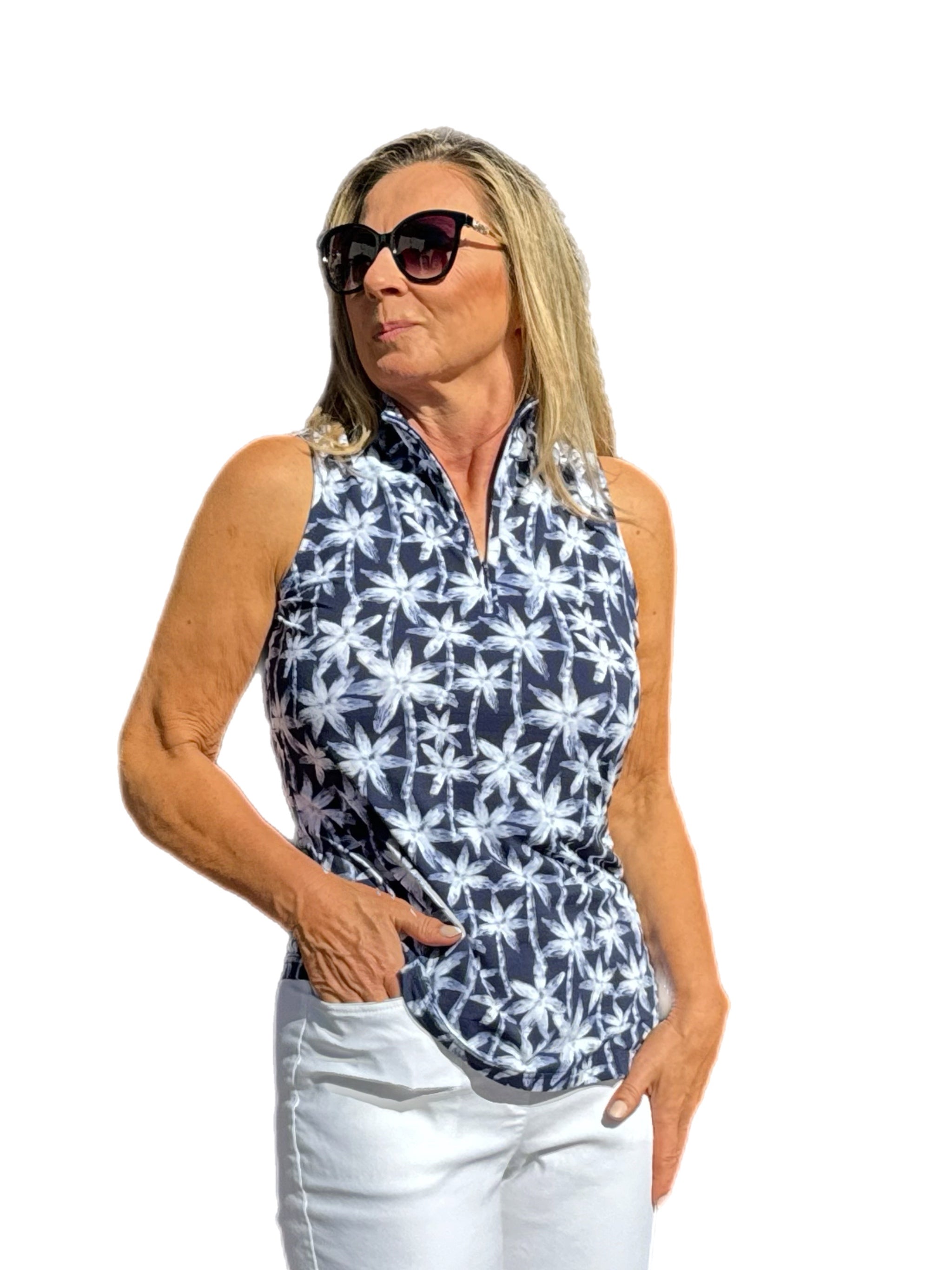 High Zip-Neck Sleeveless Top with UPF50+ Navy Palm Trees