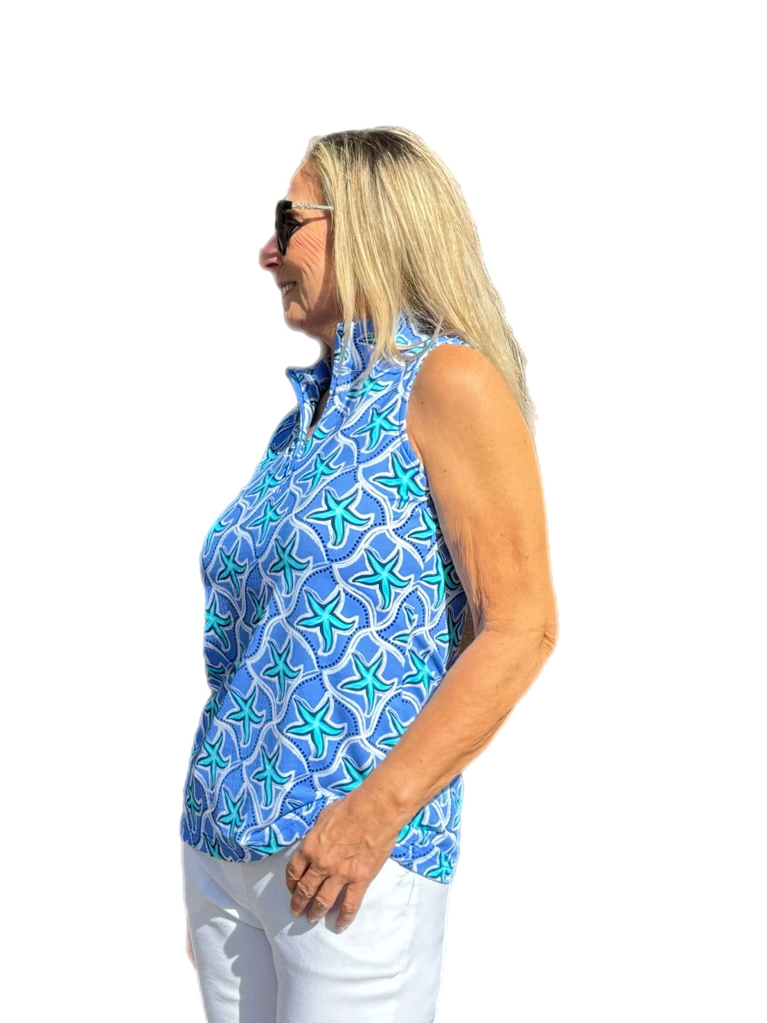High Zip-Neck Sleeveless Top with UPF50+ Blue Starfish