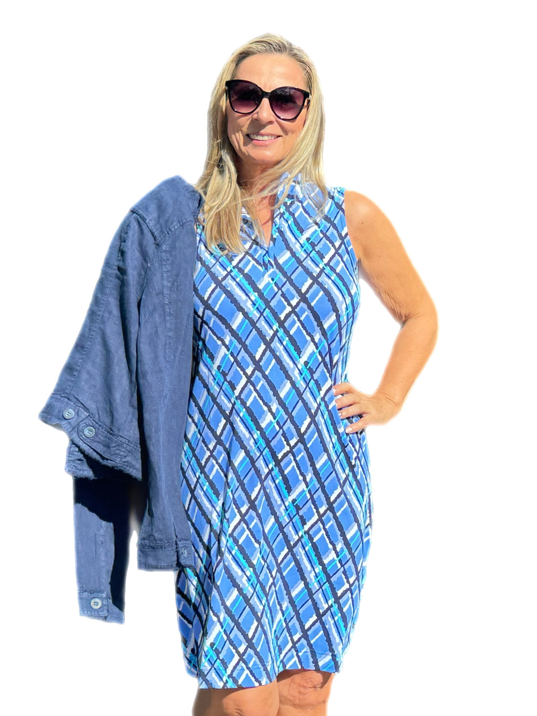 High Zip-Neck Sleeveless Dress with UPF50+ Peri Check