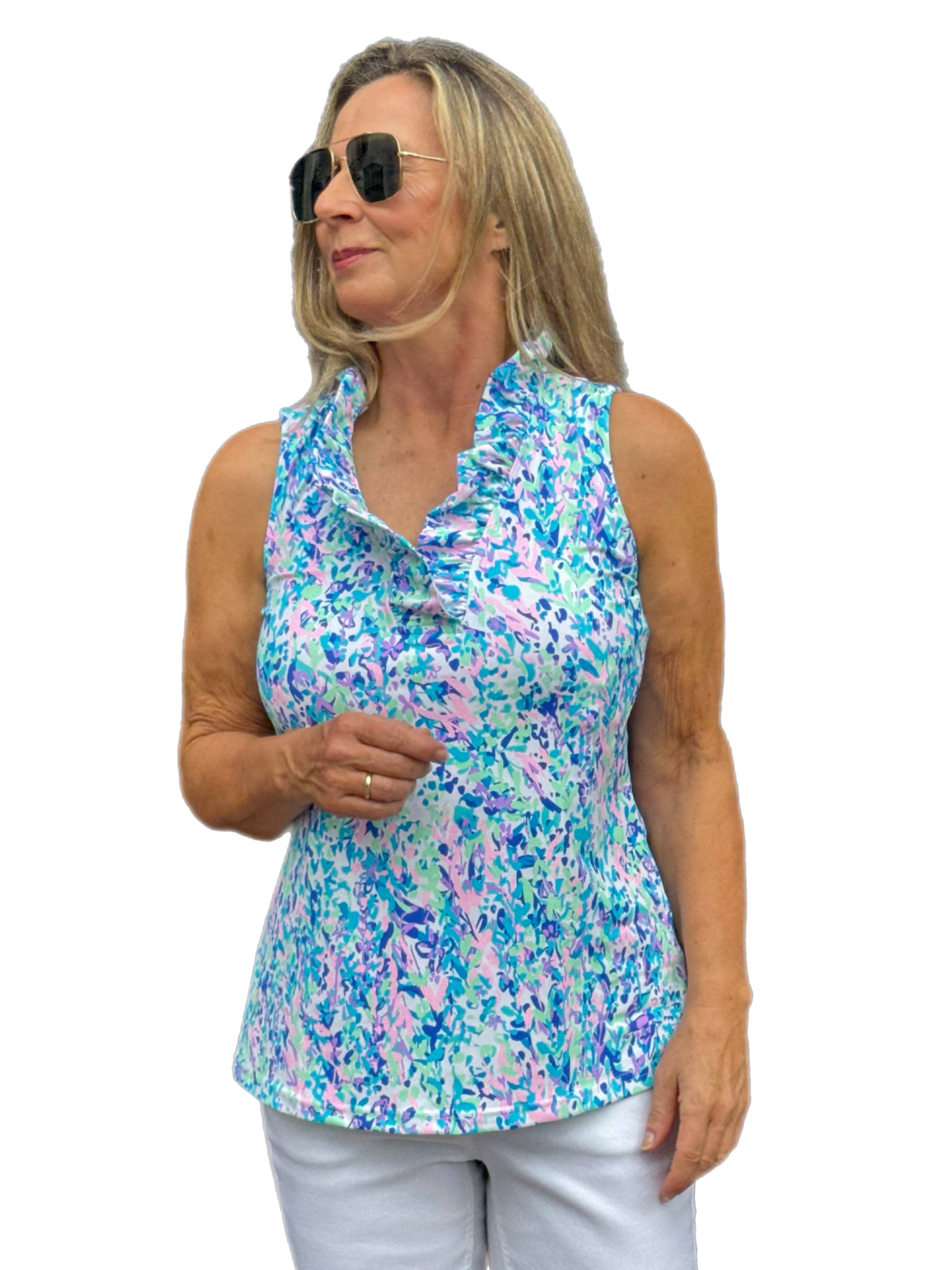 Ruffle-Neck Top with UPF50+ Confetti Pastel