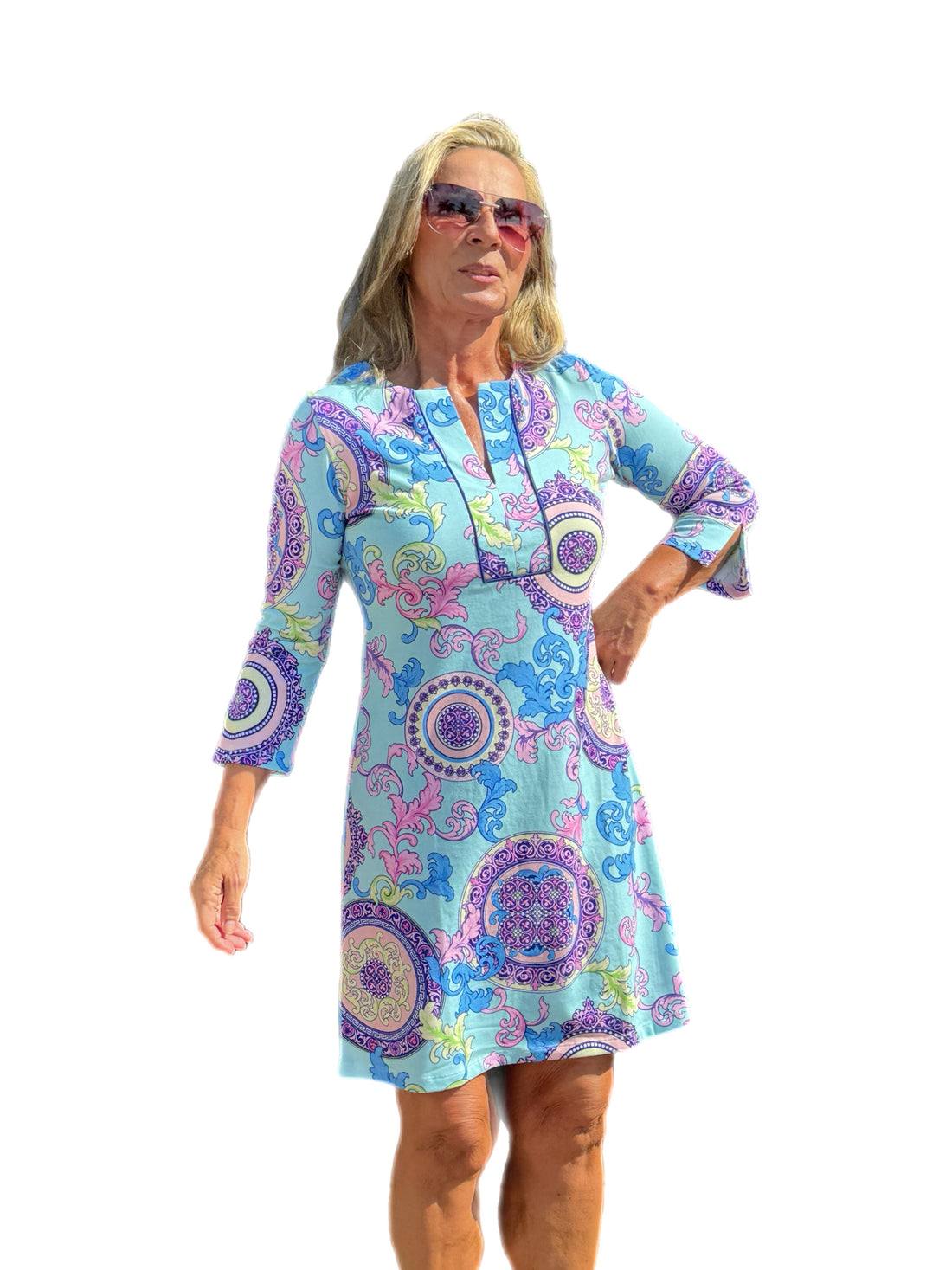 3/4 Sleeve Slit Placket COTTON Dress with UPF50+ Athena Multi