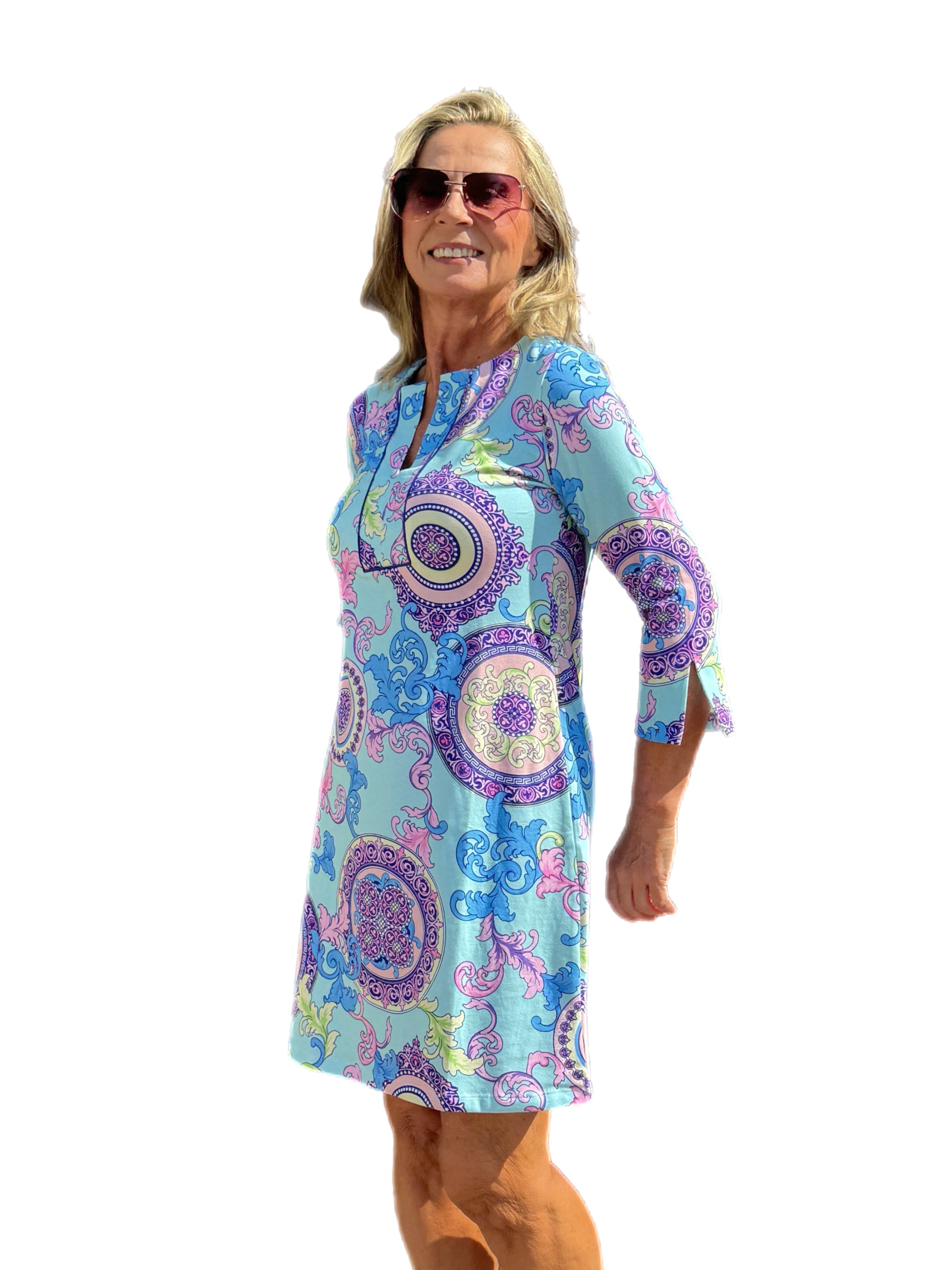 3/4 Sleeve Slit Placket COTTON Dress with UPF50+ Athena Multi