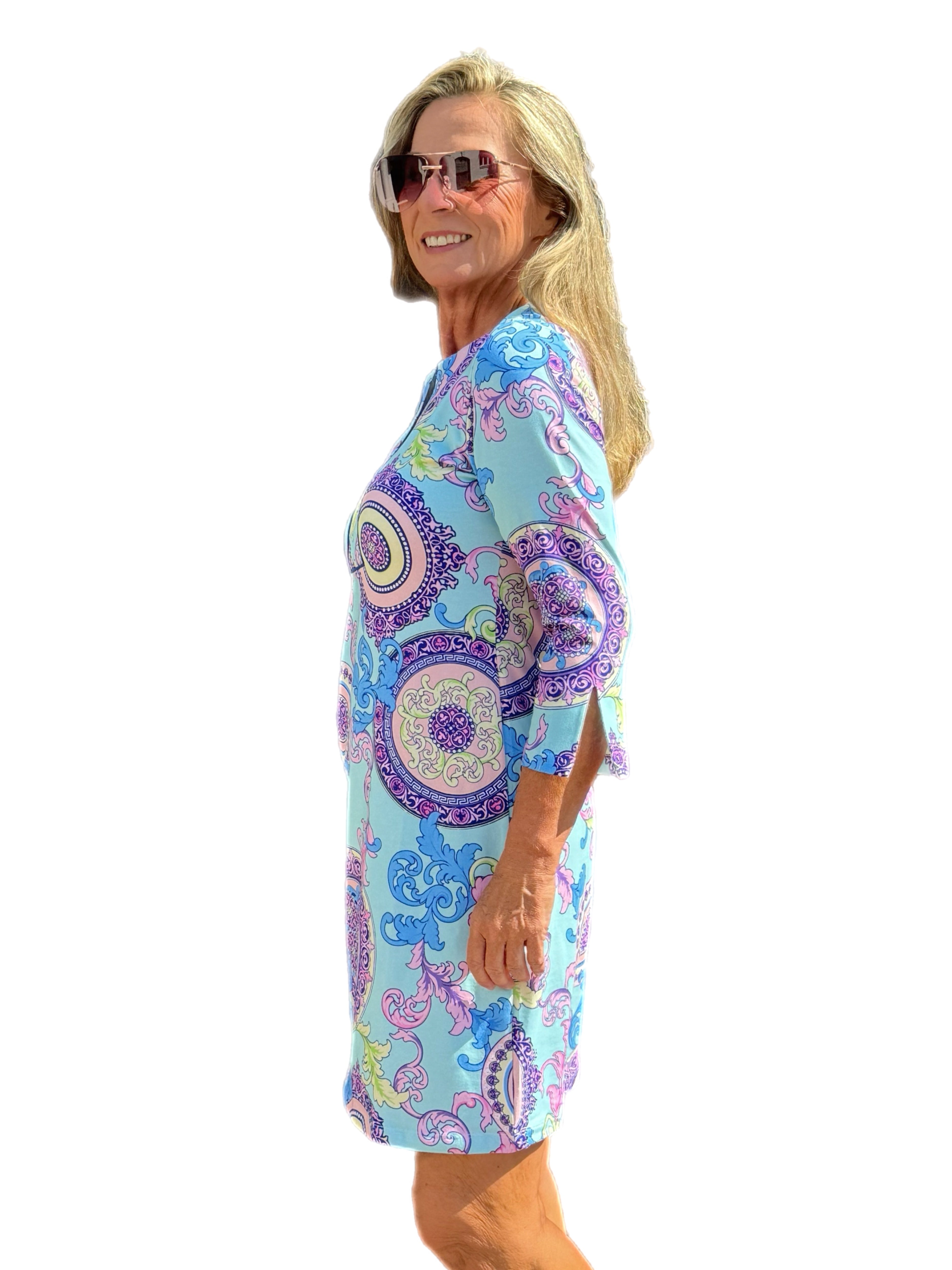 3/4 Sleeve Slit Placket COTTON Dress with UPF50+ Athena Multi