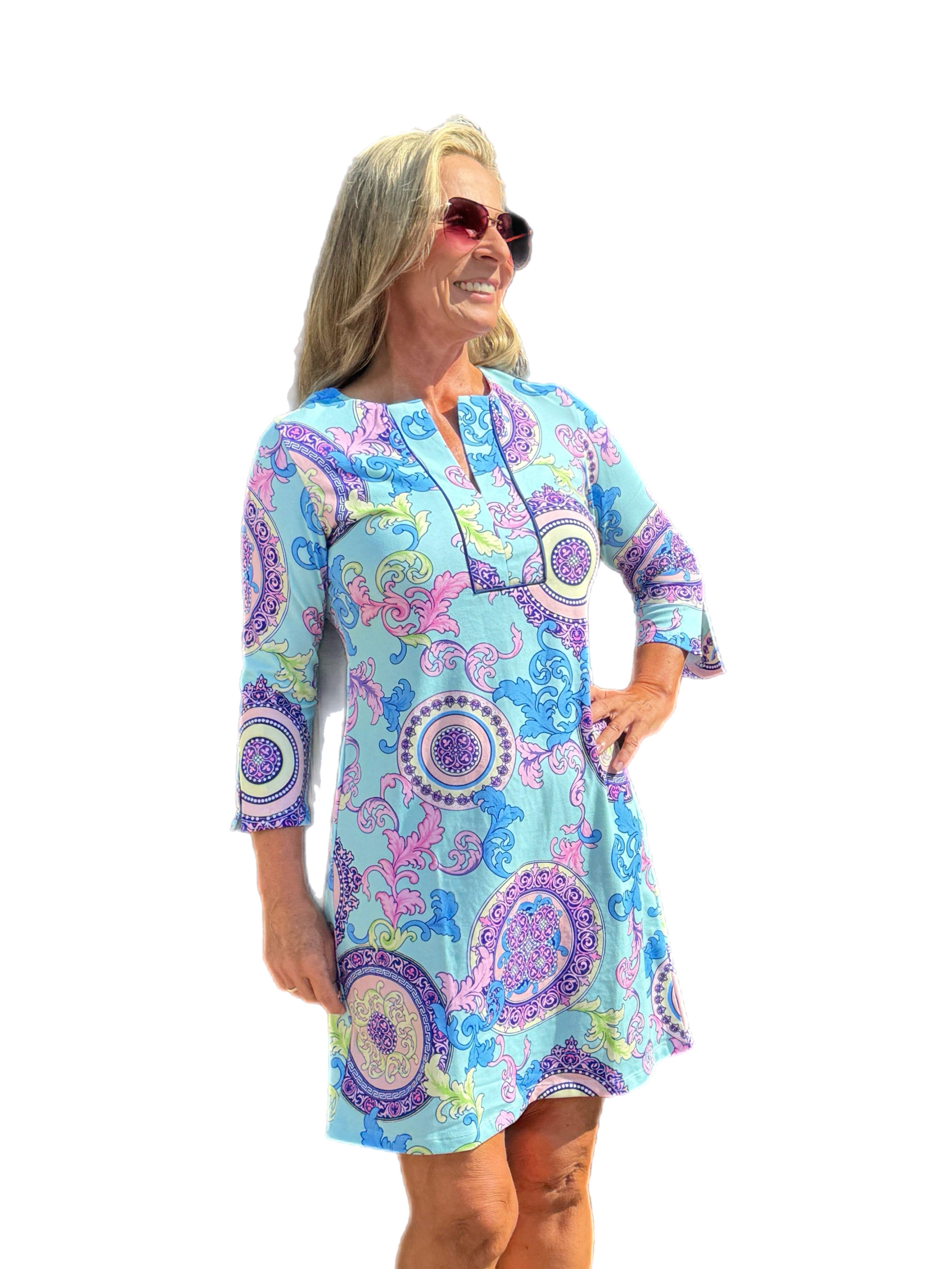 3/4 Sleeve Slit Placket COTTON Dress with UPF50+ Athena Multi