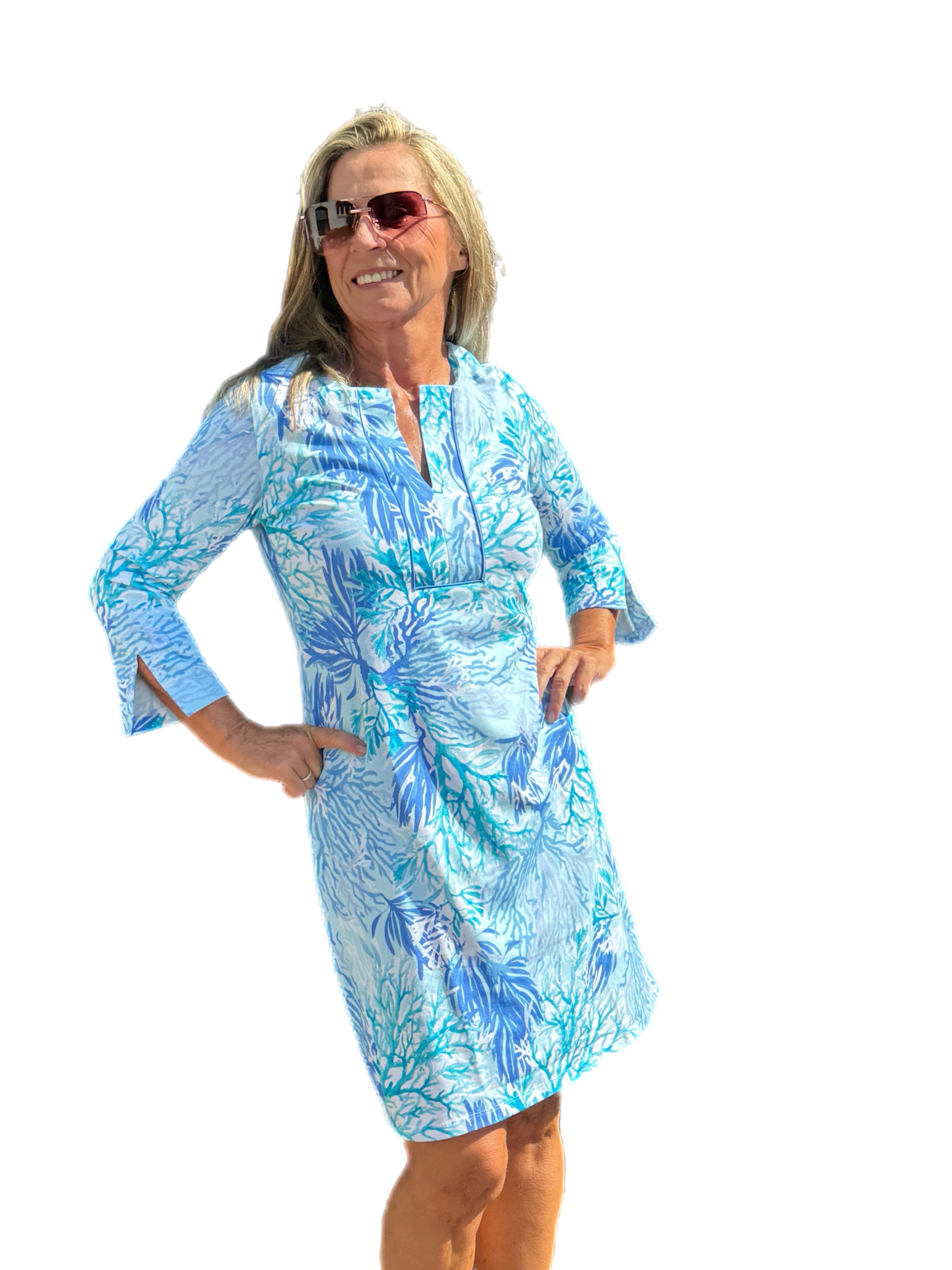 3/4 Sleeve Slit Placket COTTON Dress with UPF50+ Coral Garden