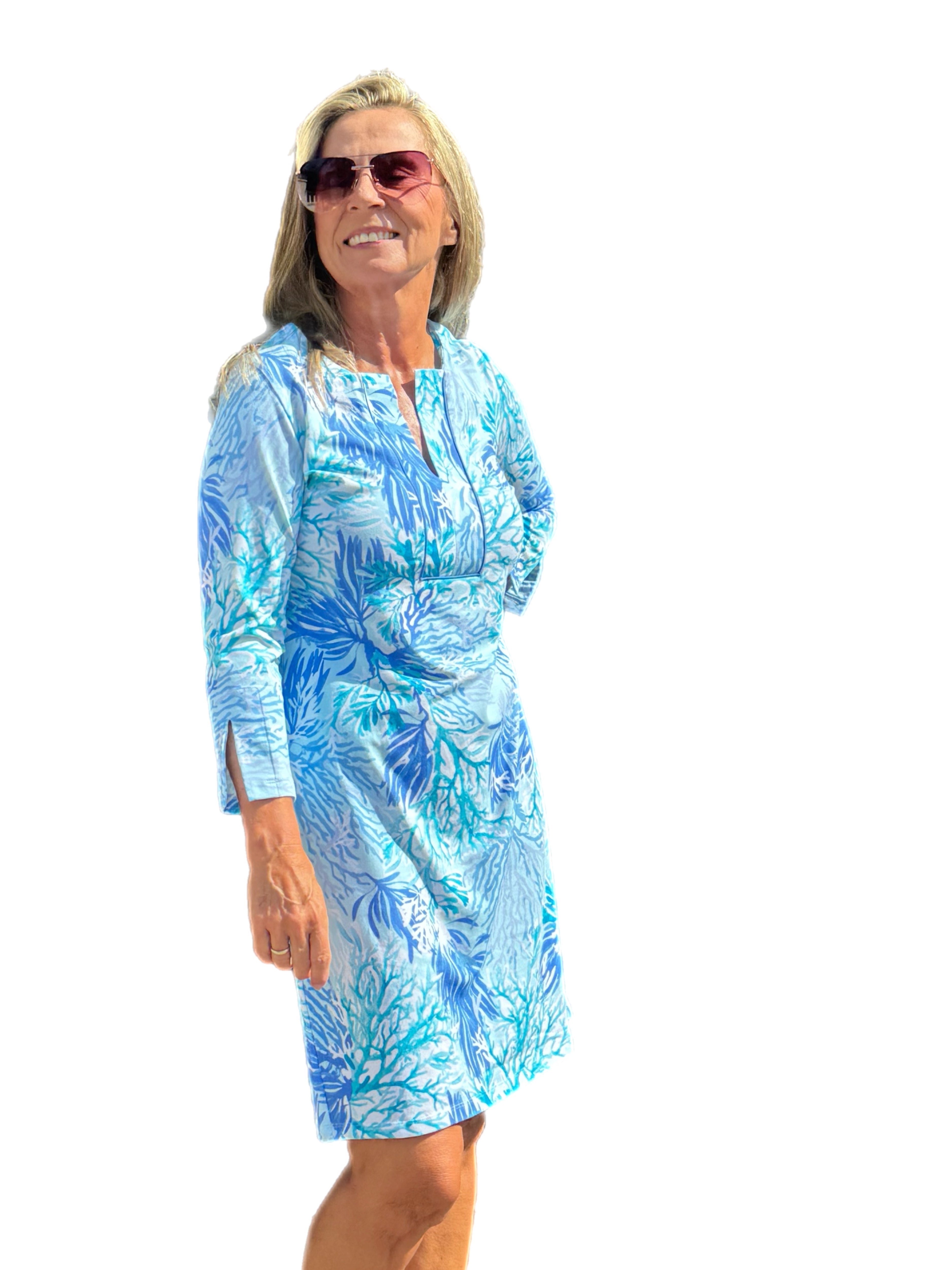 3/4 Sleeve Slit Placket COTTON Dress with UPF50+ Coral Garden