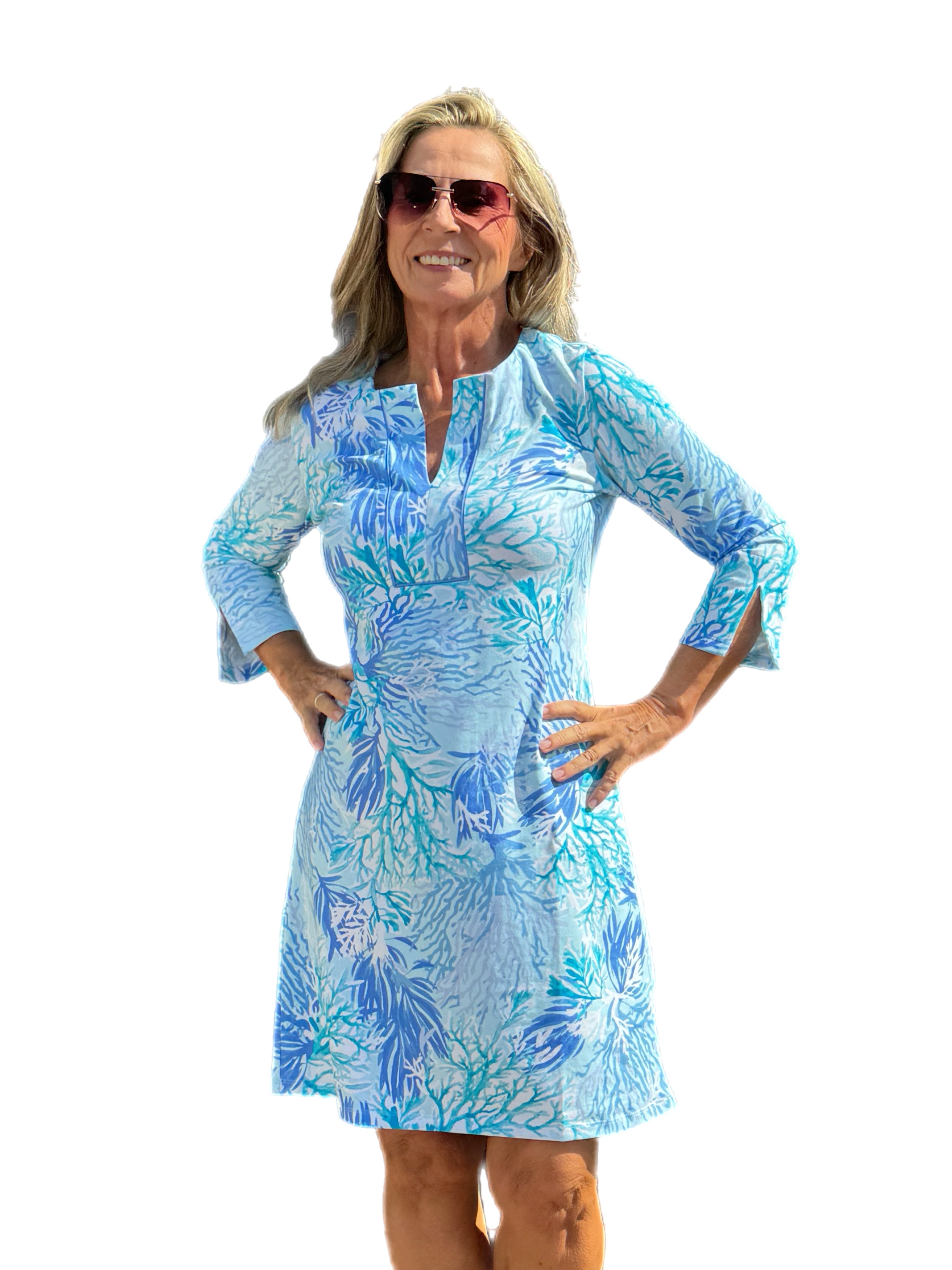 3/4 Sleeve Slit Placket COTTON Dress with UPF50+ Coral Garden