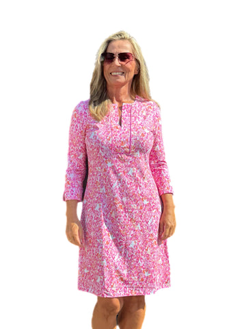 3/4 Sleeve Slit Placket COTTON Dress with UPF50+ Kat Pink/Coral