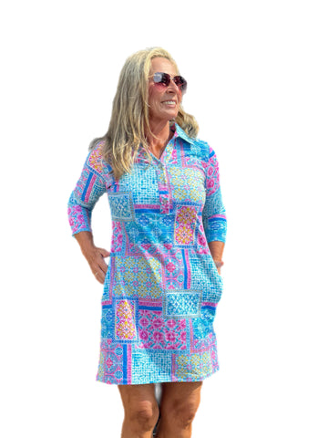 3/4 Sleeve V-Neck Polo COTTON Dress with UPF50+ Granada Seafoam/Pink