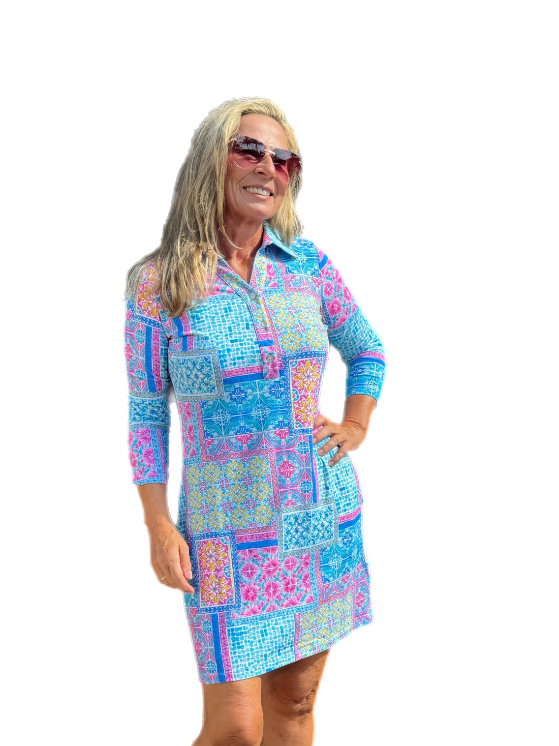 3/4 Sleeve V-Neck Polo COTTON Dress with UPF50+ Granada Seafoam/Pink