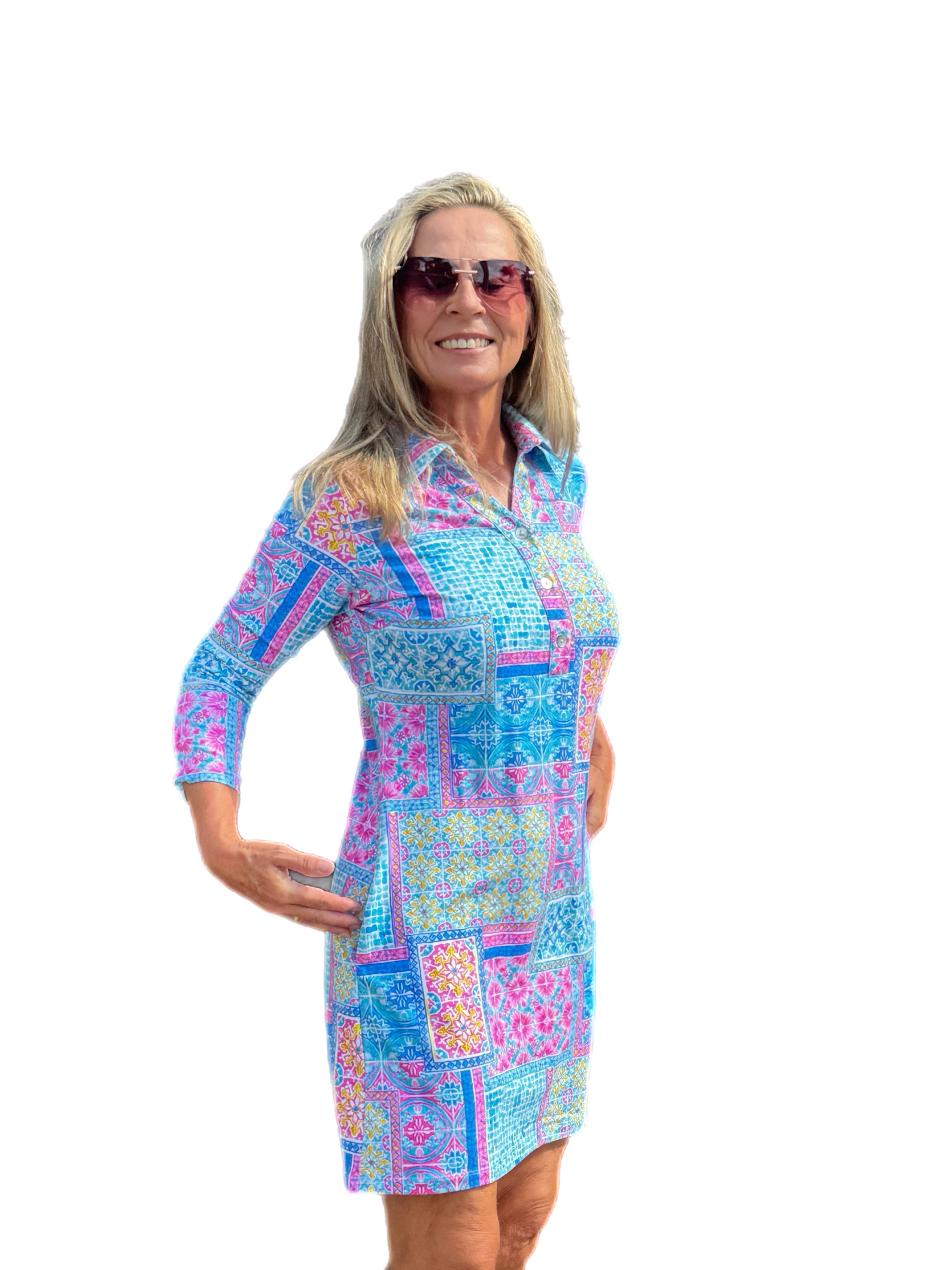 3/4 Sleeve V-Neck Polo COTTON Dress with UPF50+ Granada Seafoam/Pink