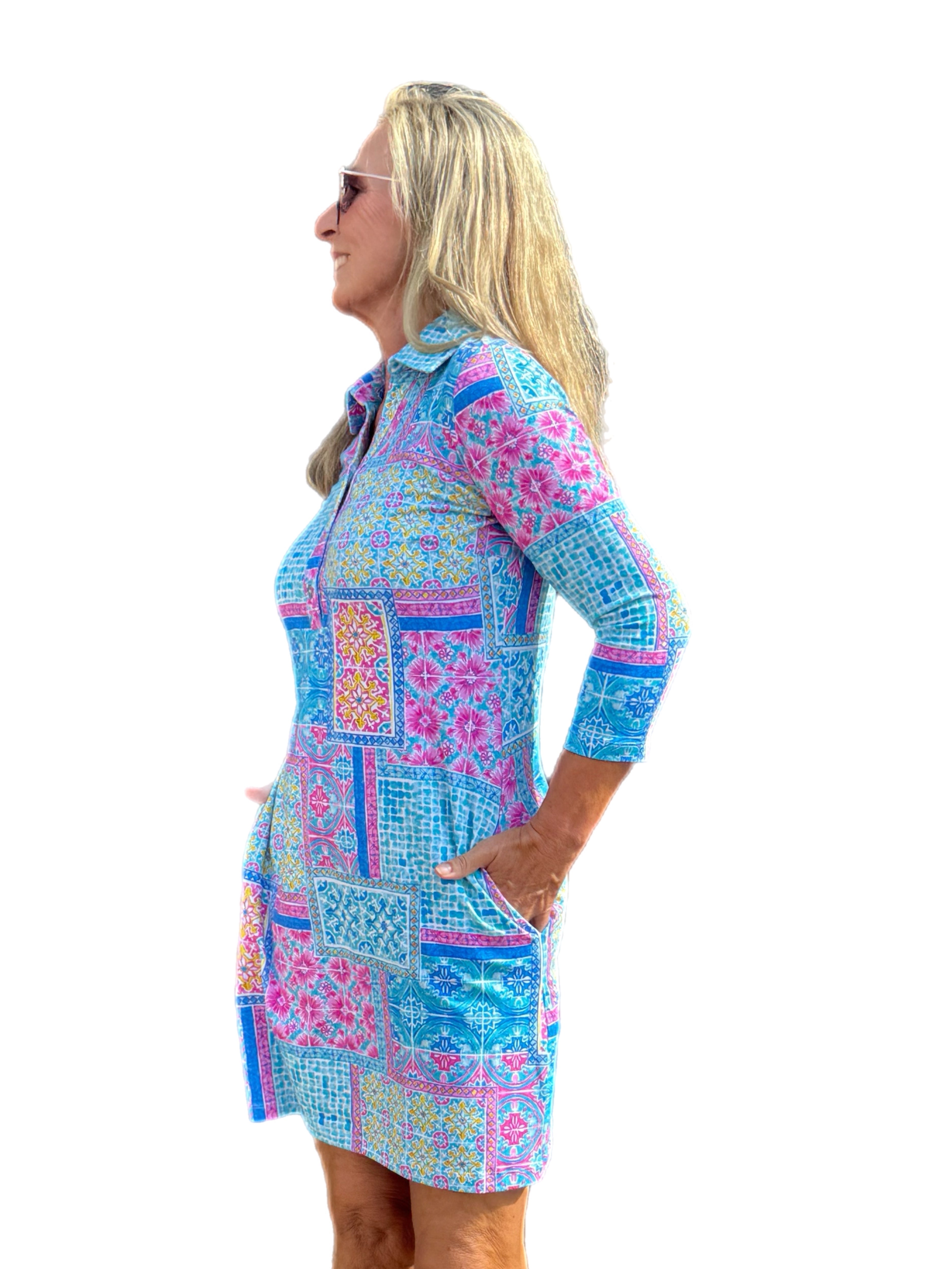 3/4 Sleeve V-Neck Polo COTTON Dress with UPF50+ Granada Seafoam/Pink