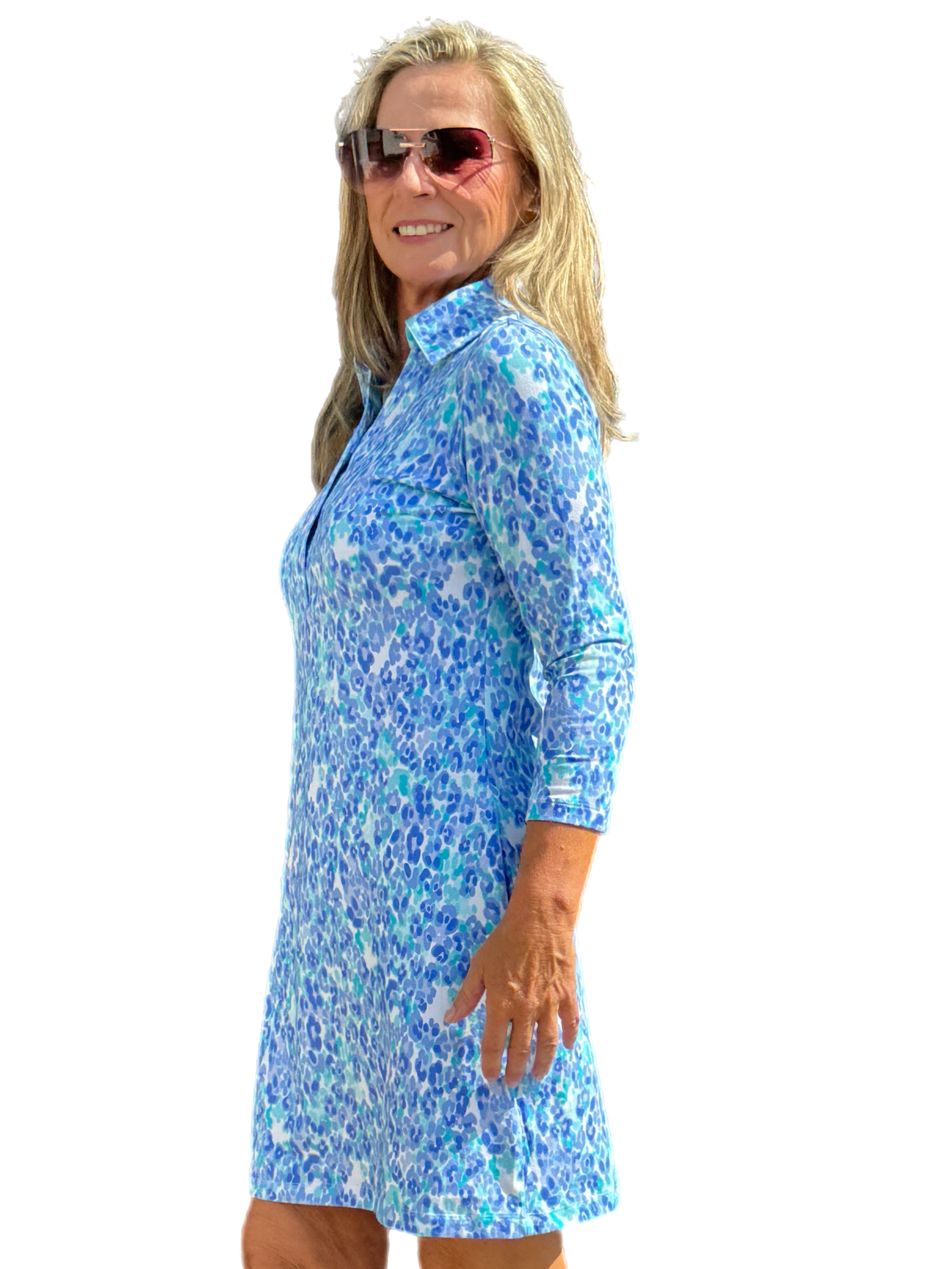 3/4 Sleeve V-Neck Polo COTTON Dress with UPF50+ Kat Peri/Seafoam