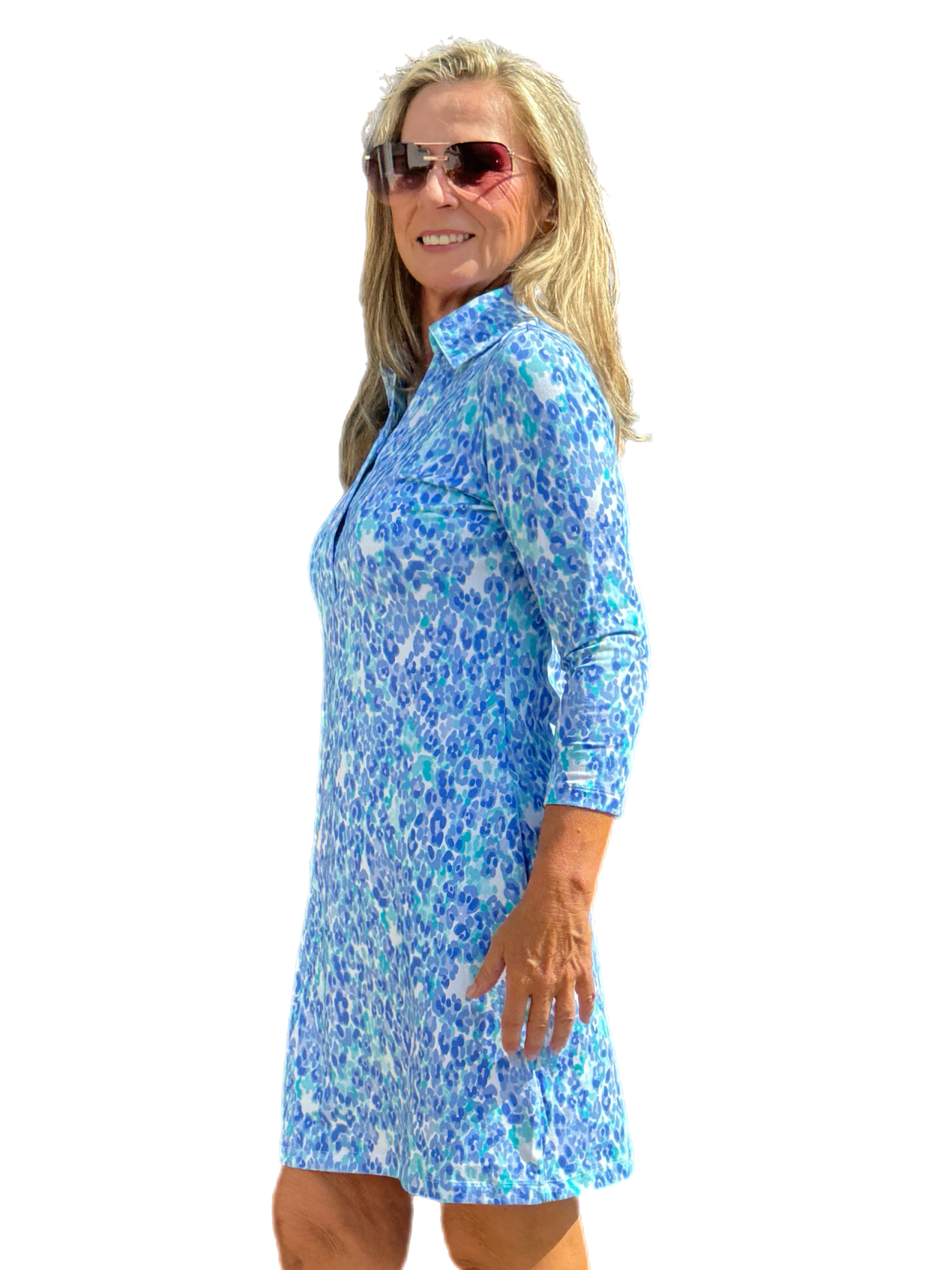 3/4 Sleeve V-Neck Polo COTTON Dress with UPF50+ Kat Peri/Seafoam