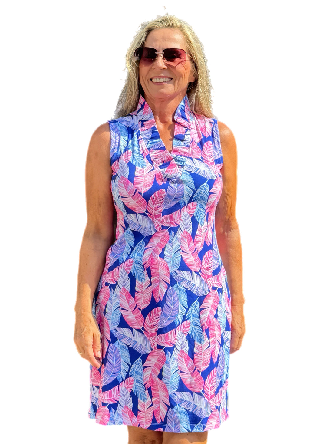 Sleeveless Ruffle Neck Shift COTTON Dress with UPF50+ Palm Feather Navy/Pink