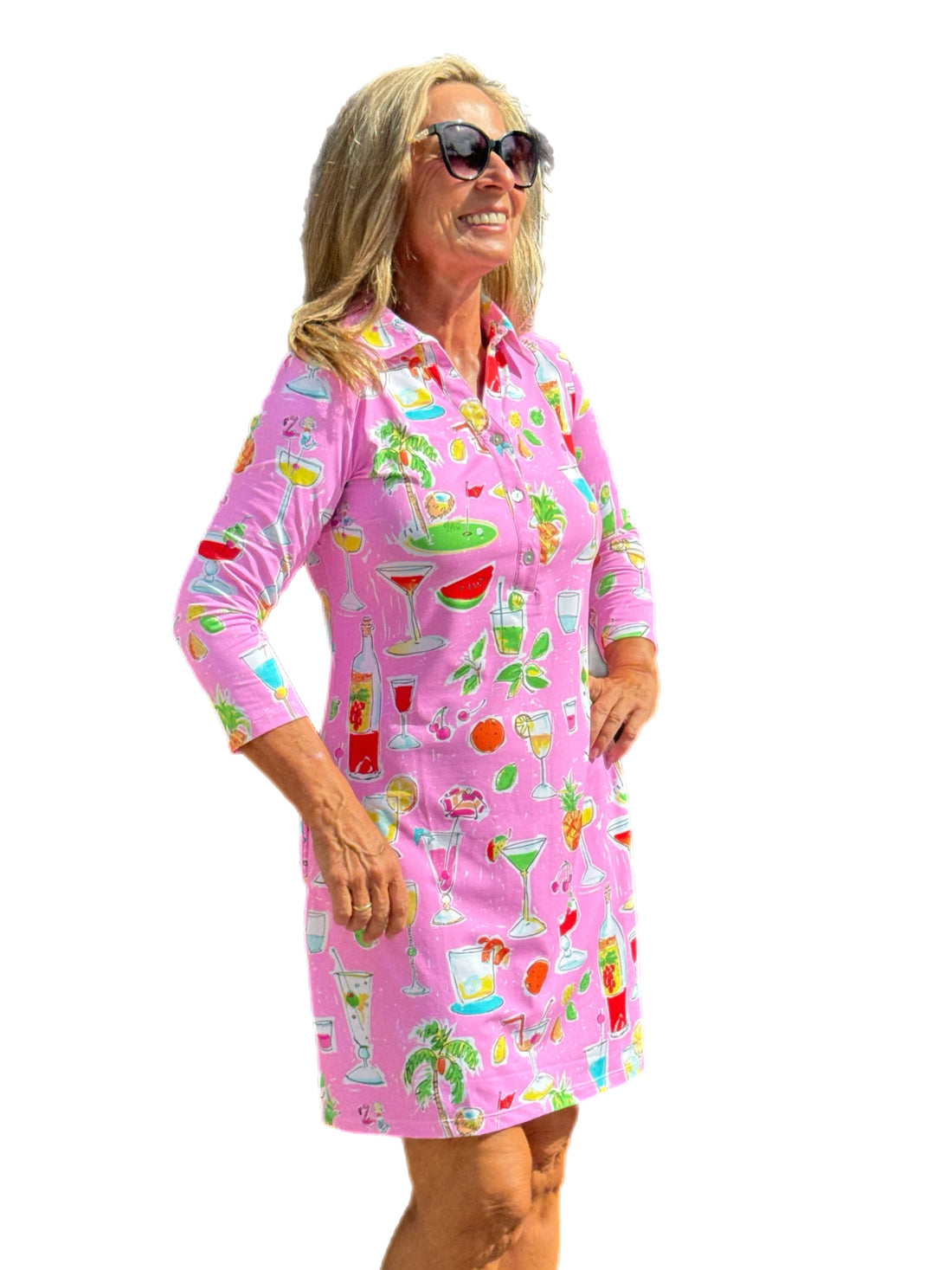 3/4 Sleeve Polo-Collar Dress with UPF50+ Pink Happy Hour