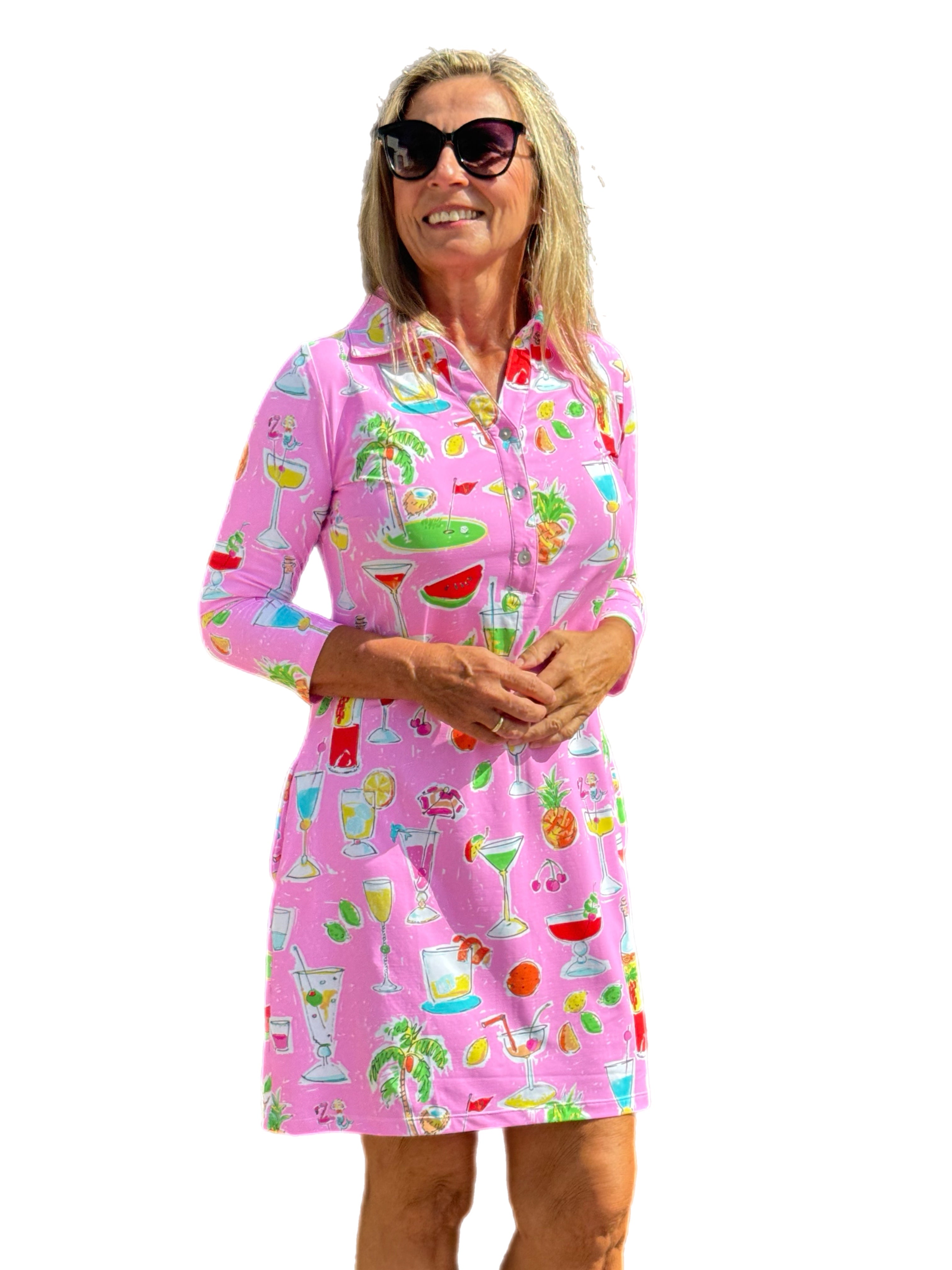 3/4 Sleeve Polo-Collar Dress with UPF50+ Pink Happy Hour