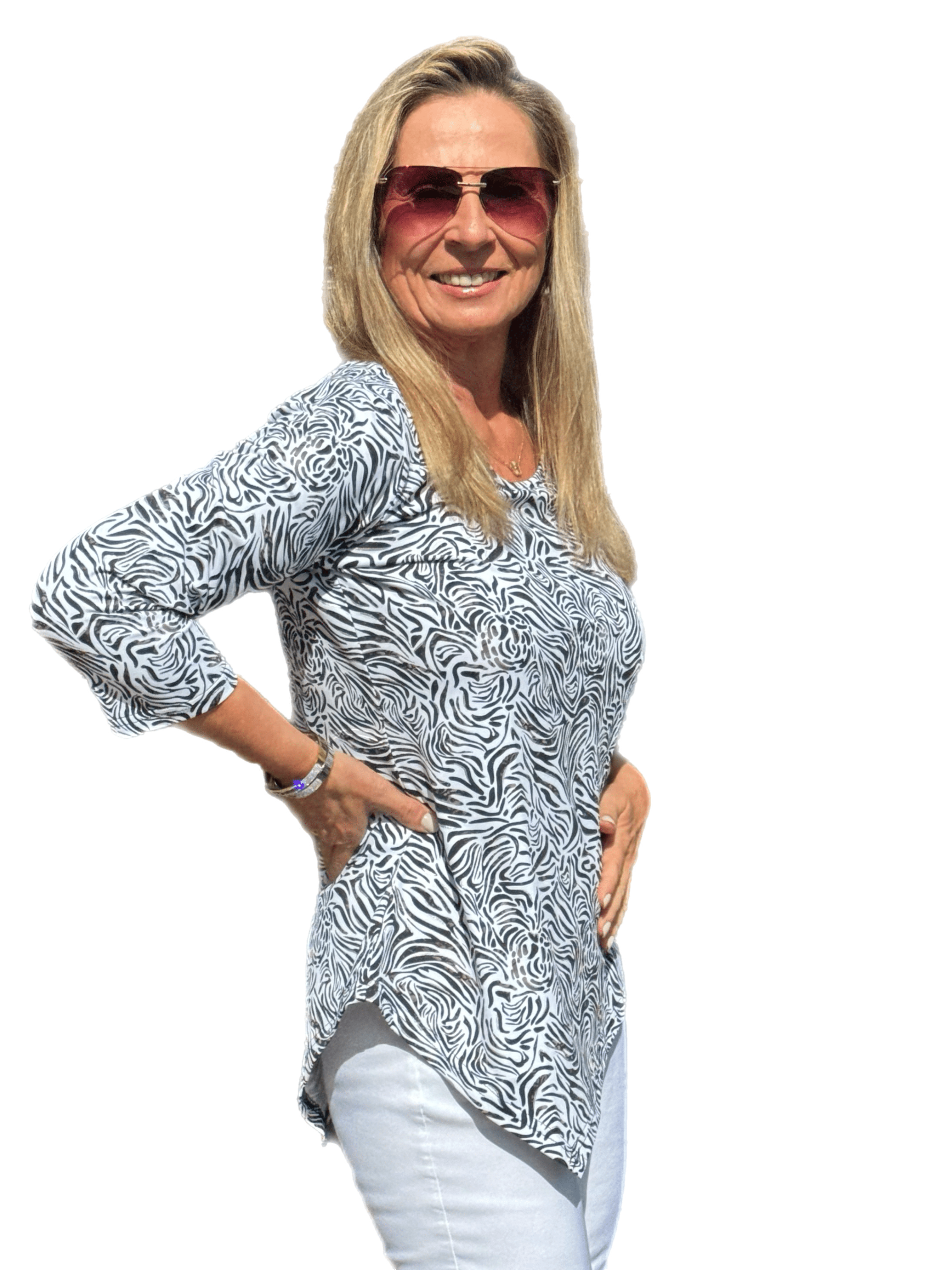 Asymmetrical Hemline Top with UPF50+ Black Zebra