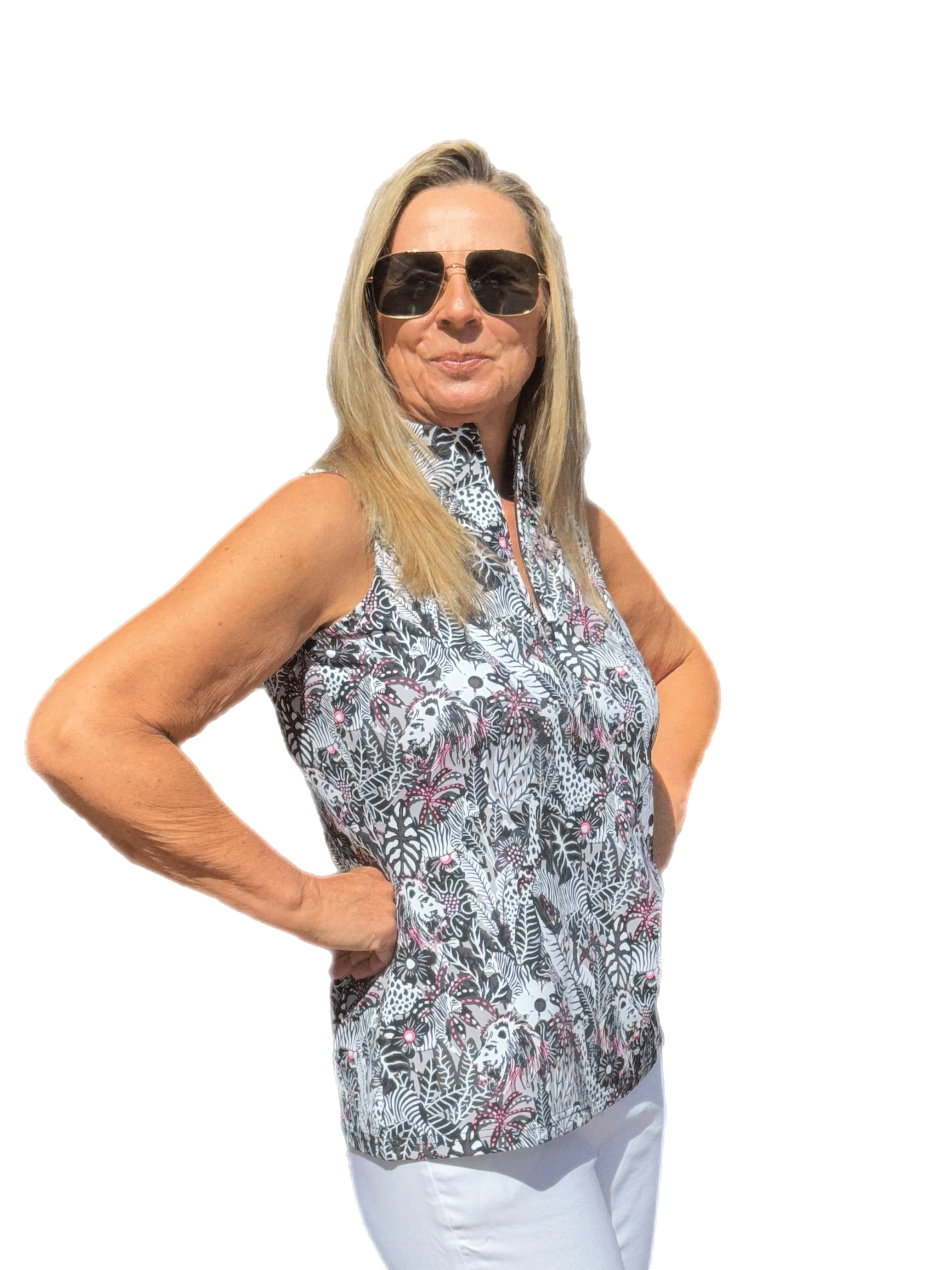 High Zip-Neck Sleeveless Top with UPF50+ Jungle Pink