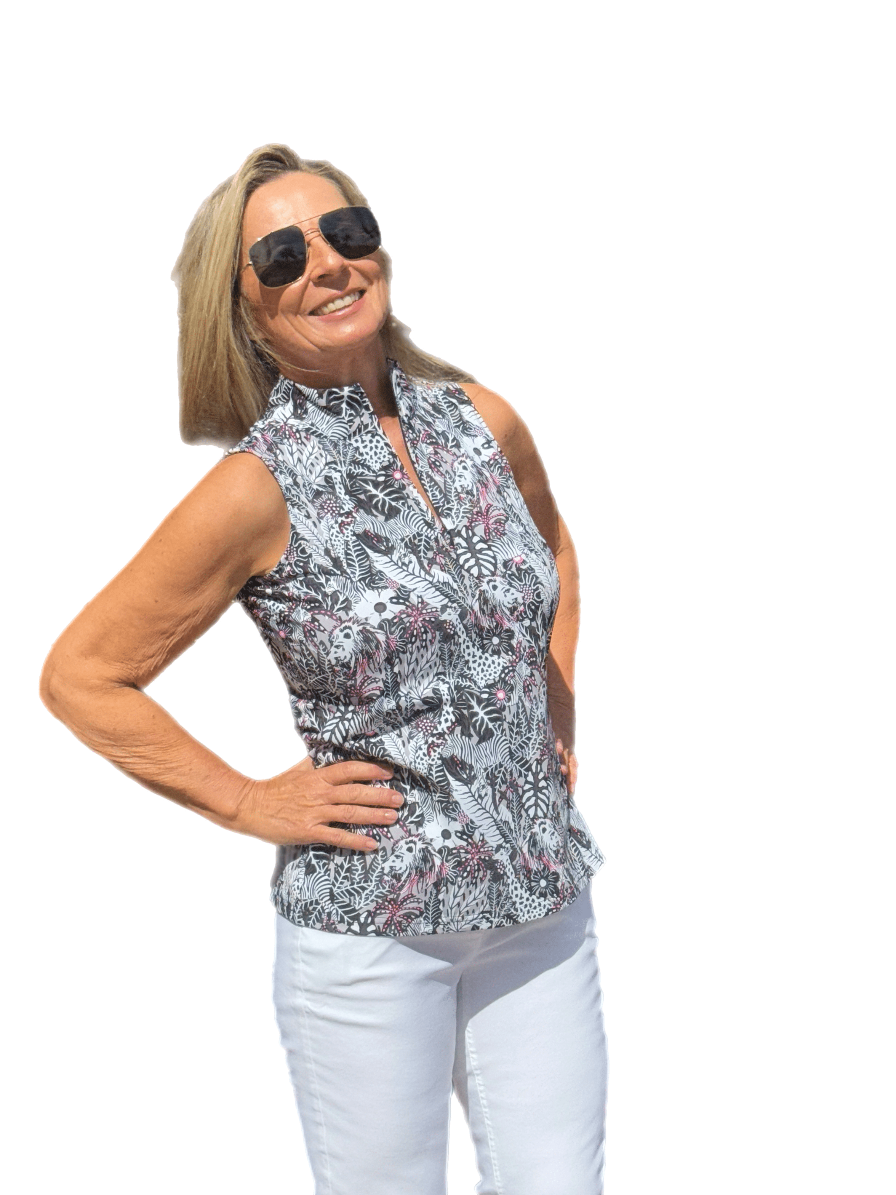 High Zip-Neck Sleeveless Top with UPF50+ Jungle Pink