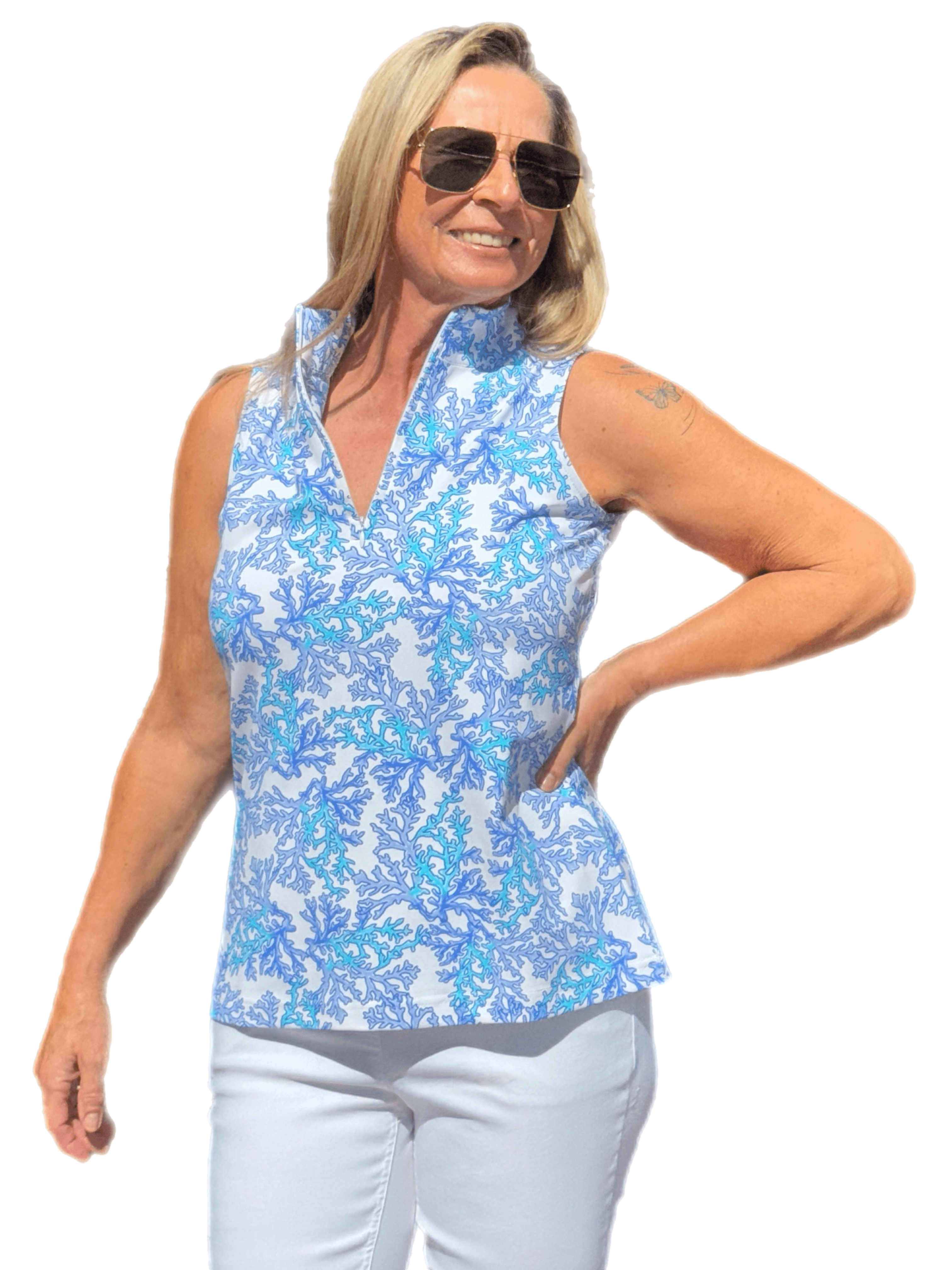 High Zip-Neck Sleeveless Top with UPF50+ Coral Blue
