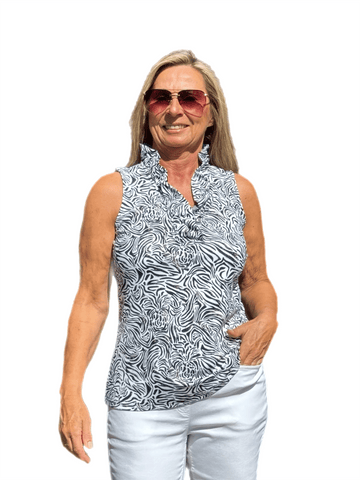 Ruffle-Neck Top with UPF50+ Black Zebra