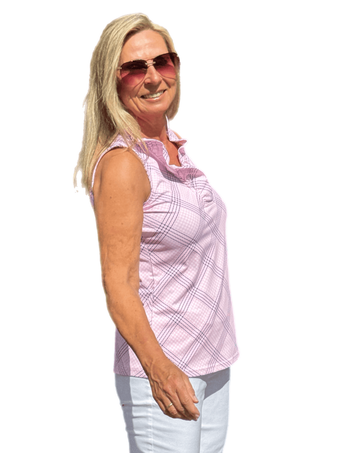 Ruffle-Neck Top with UPF50+ Check Pink