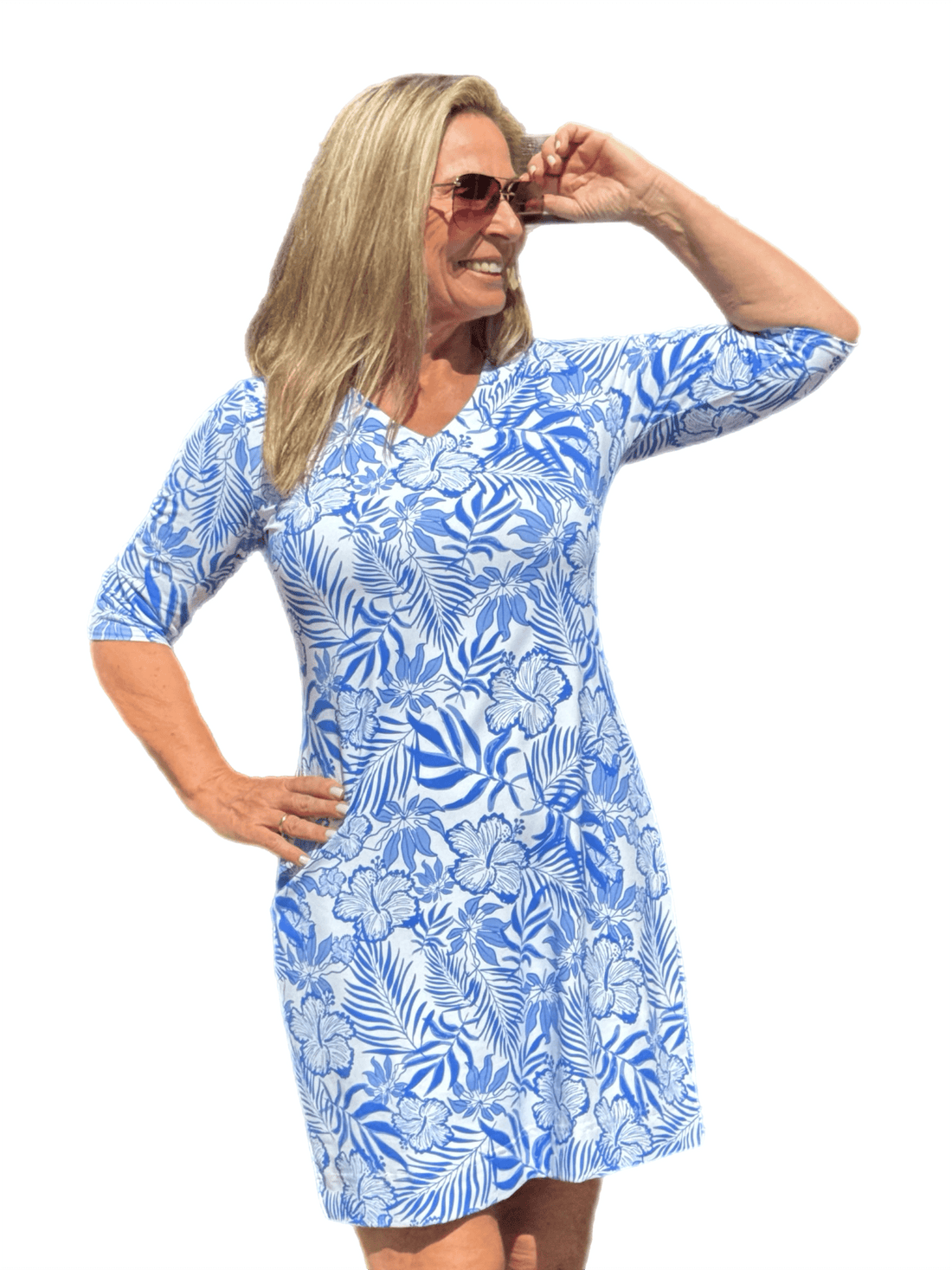 Elbow-Sleeve Travel Dress with UPF50+ Summer Breeze Blue