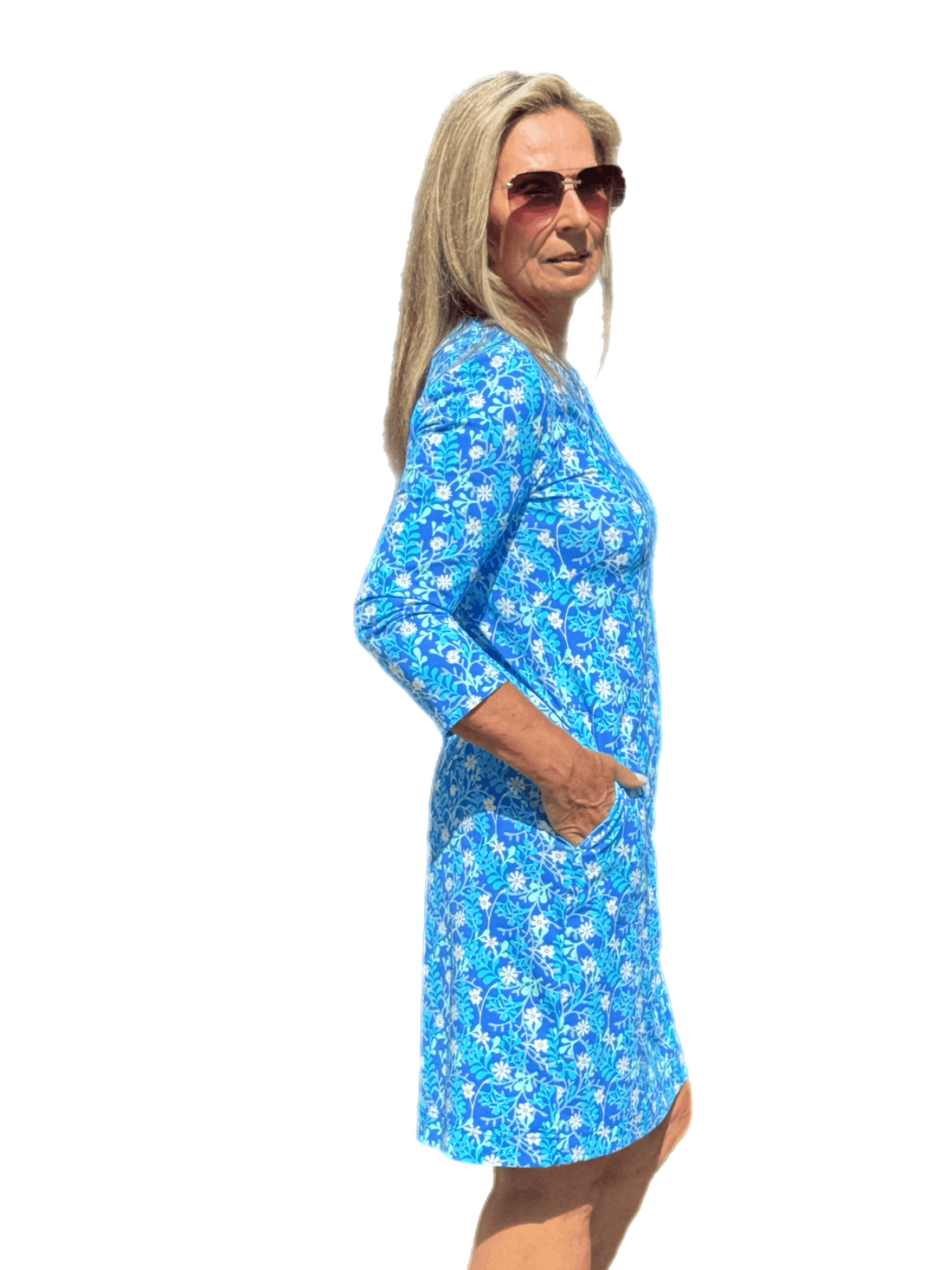 Notched V-Neck Travel Dress with UPF50+ Summer Breeze Daisy