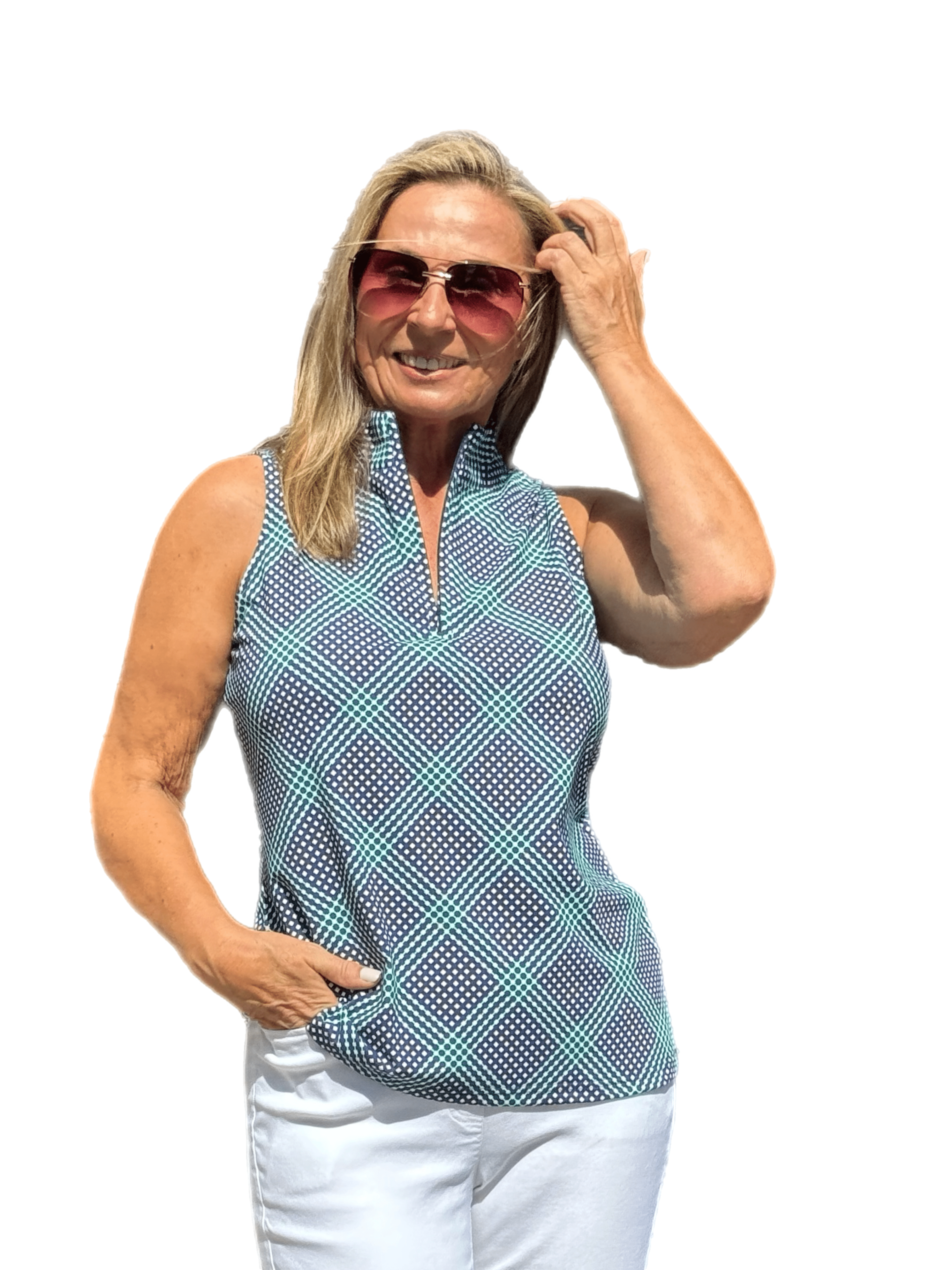 High Zip-Neck Sleeveless Top with UPF50+ Check Navy