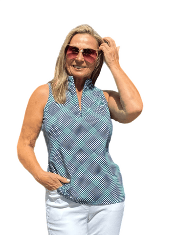 High Zip-Neck Sleeveless Top with UPF50+ Check Navy