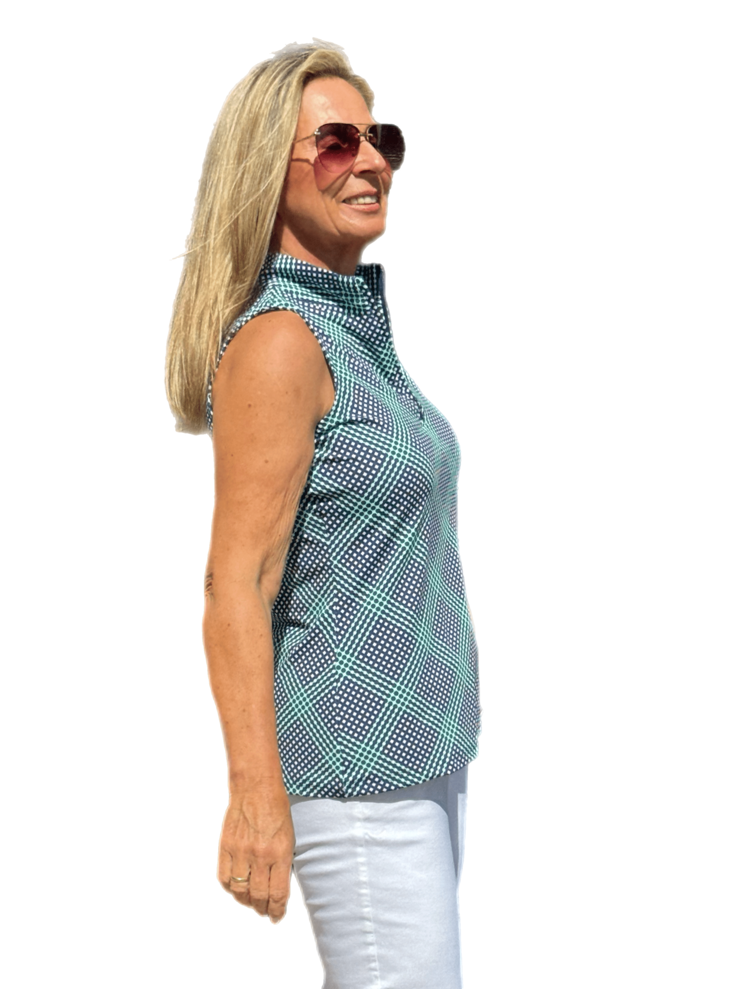 High Zip-Neck Sleeveless Top with UPF50+ Check Navy