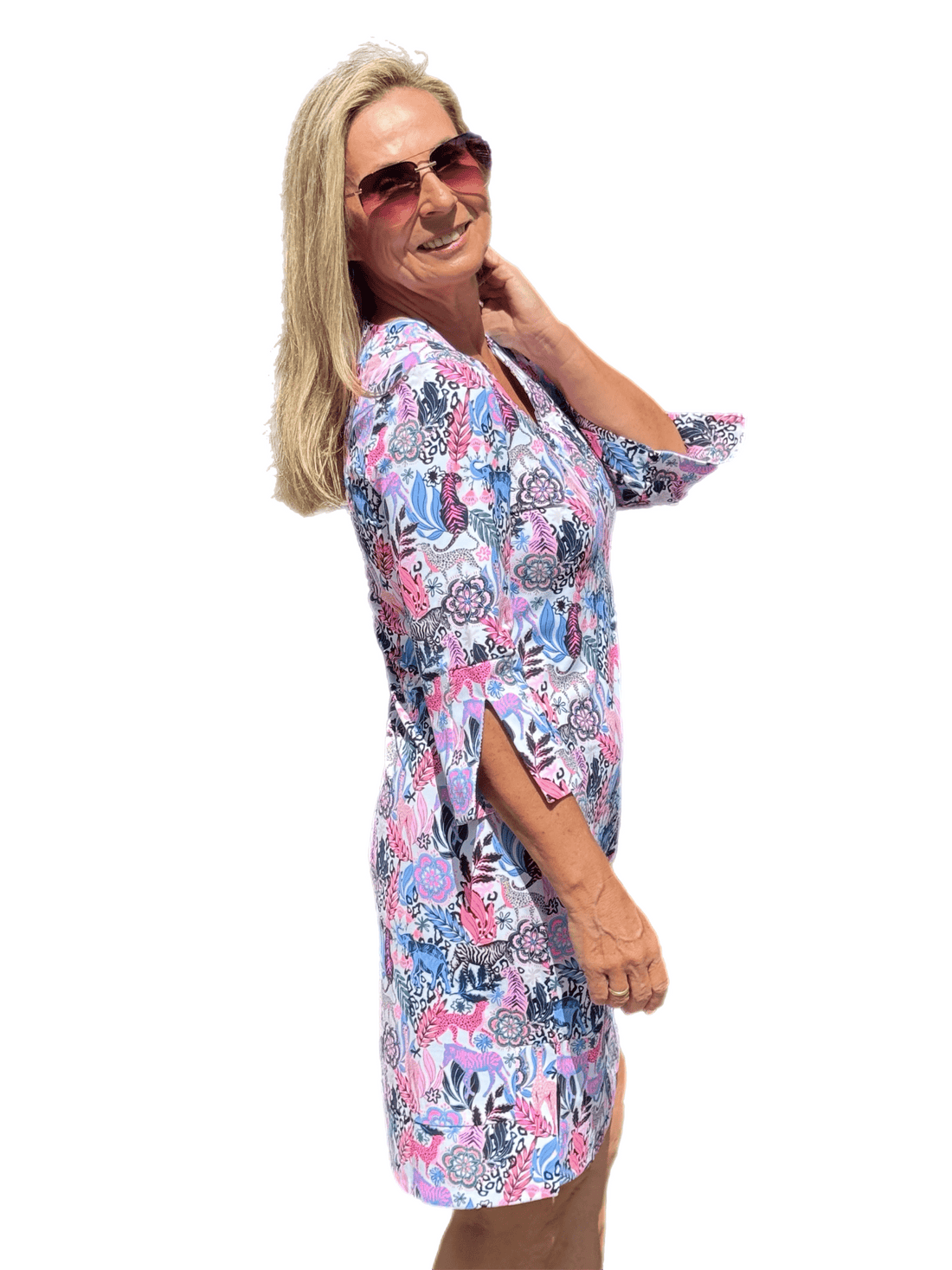 Split-Neck Travel Dress with UPF50+ Jungle Multi