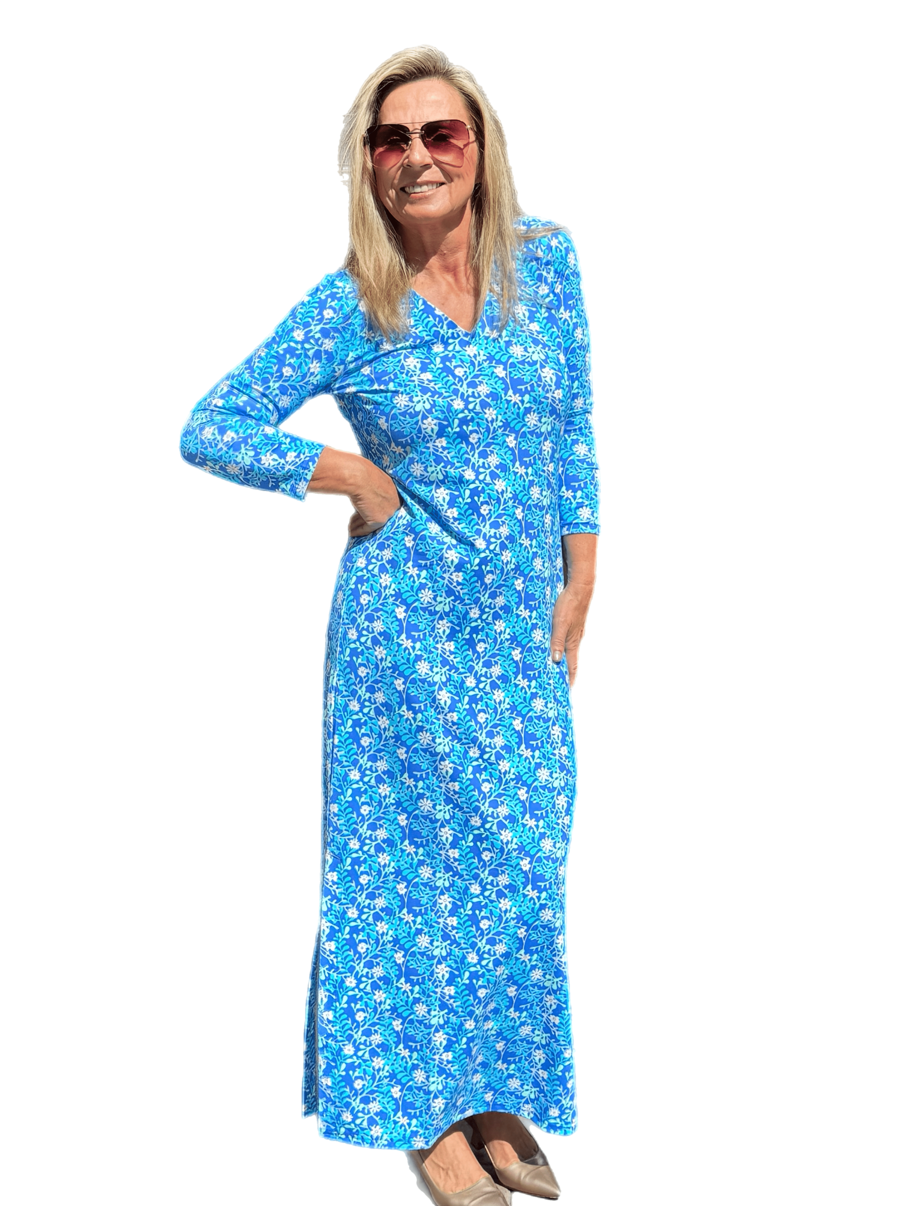 Maxi Elbow-Sleeve Dress with UPF50+ Summer Breeze Daisy