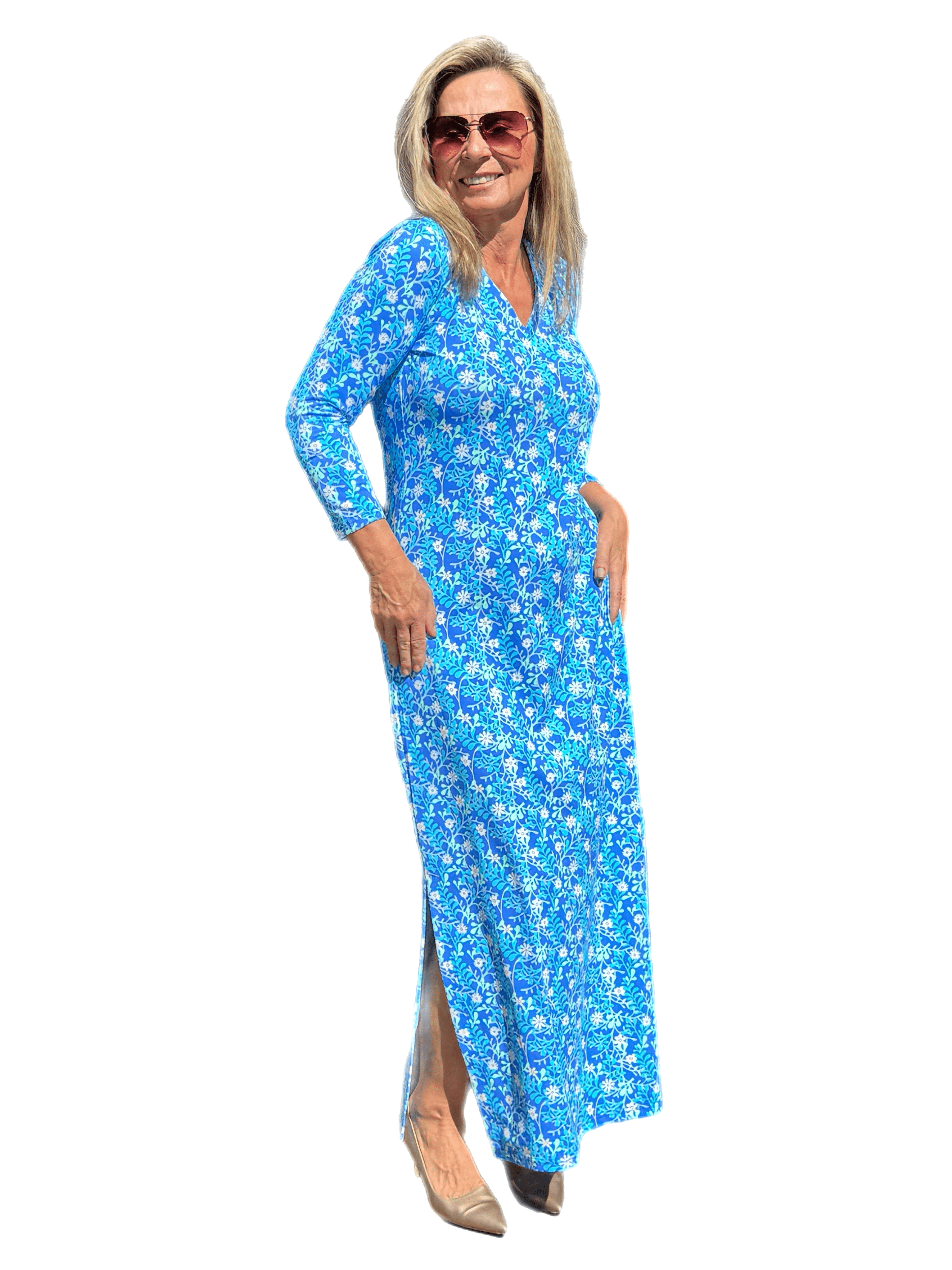 Maxi Elbow-Sleeve Dress with UPF50+ Summer Breeze Daisy