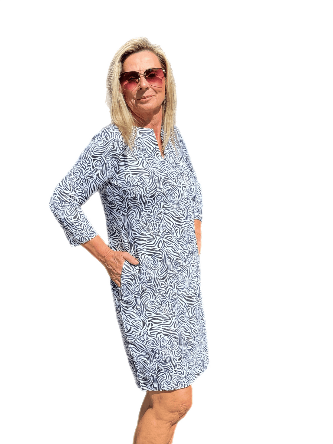 Notched V-Neck Travel Dress with UPF50+ Black Zebra