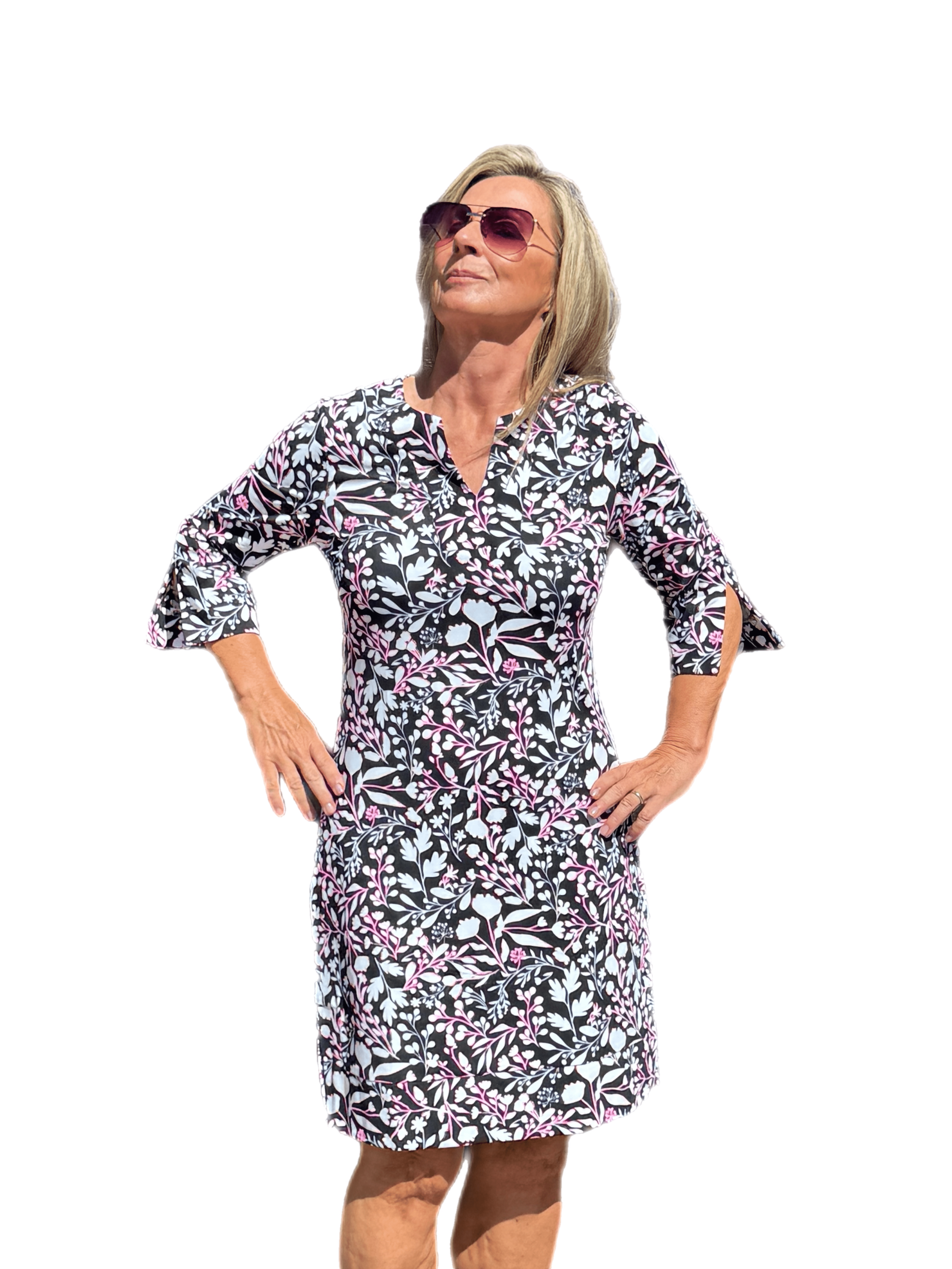 Split-Neck Travel Dress with UPF50+ Summer Breeze Black