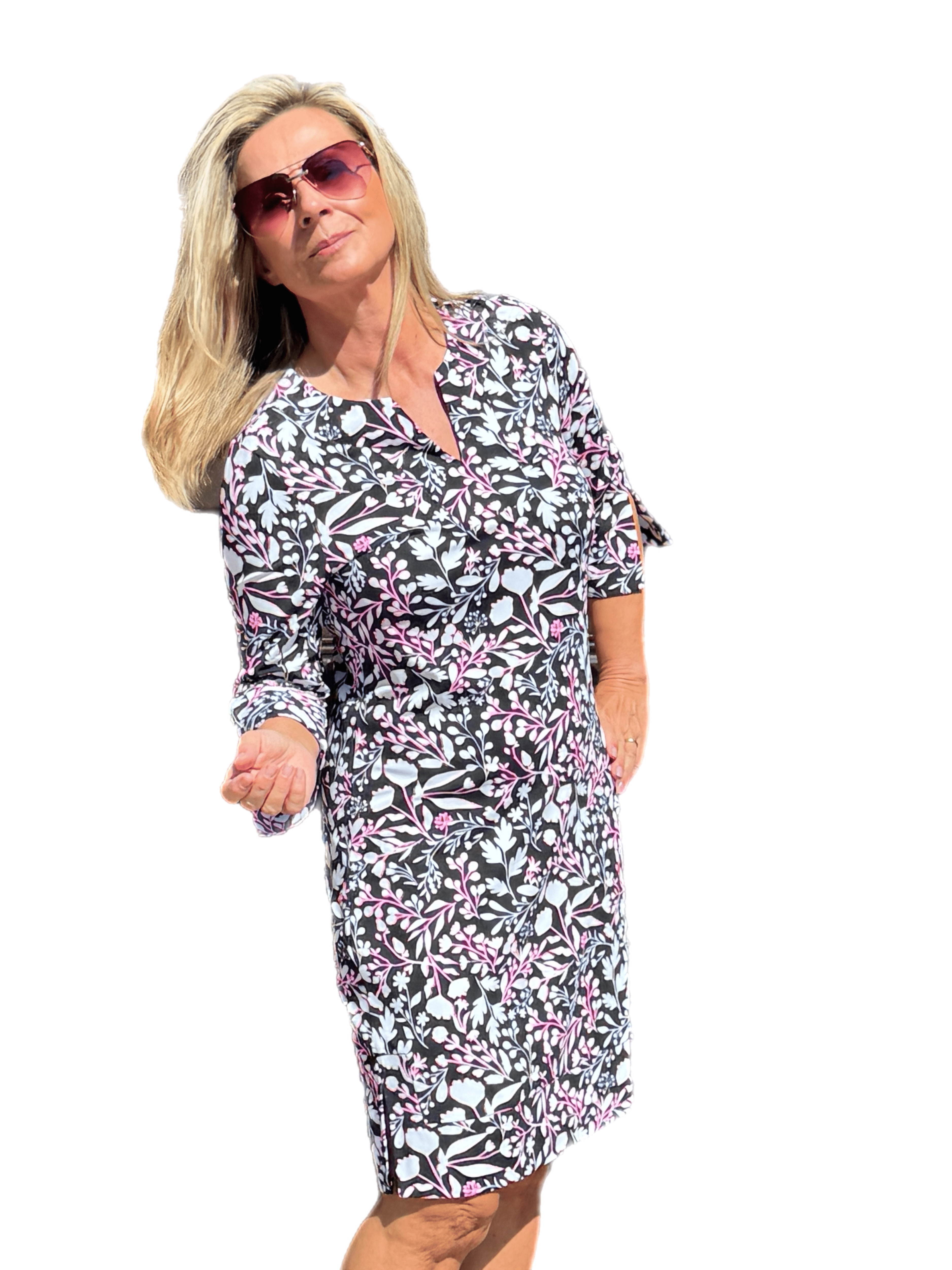 Split-Neck Travel Dress with UPF50+ Summer Breeze Black