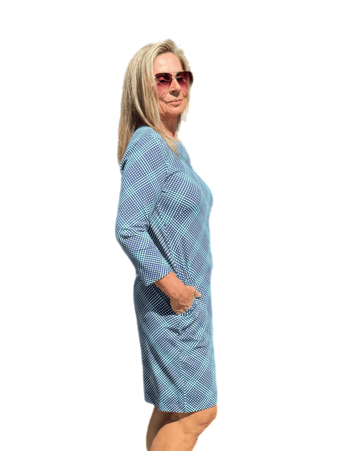 Notched V-Neck Travel Dress with UPF50+ Check Navy